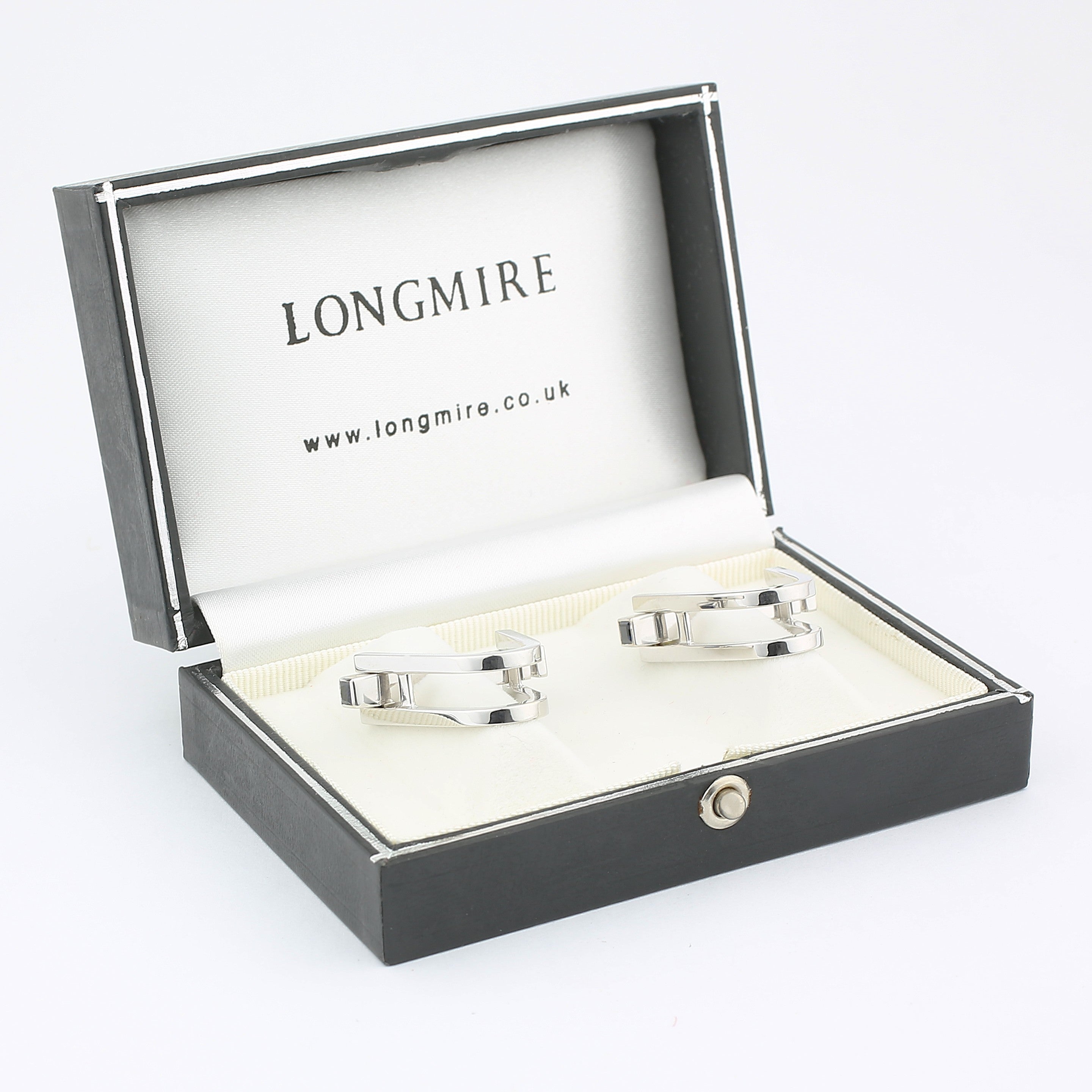 DOUBLE STIRRUP SAPPHIRE TERMINALS 18ct WHITE GOLD CUFFLINKS - boxed