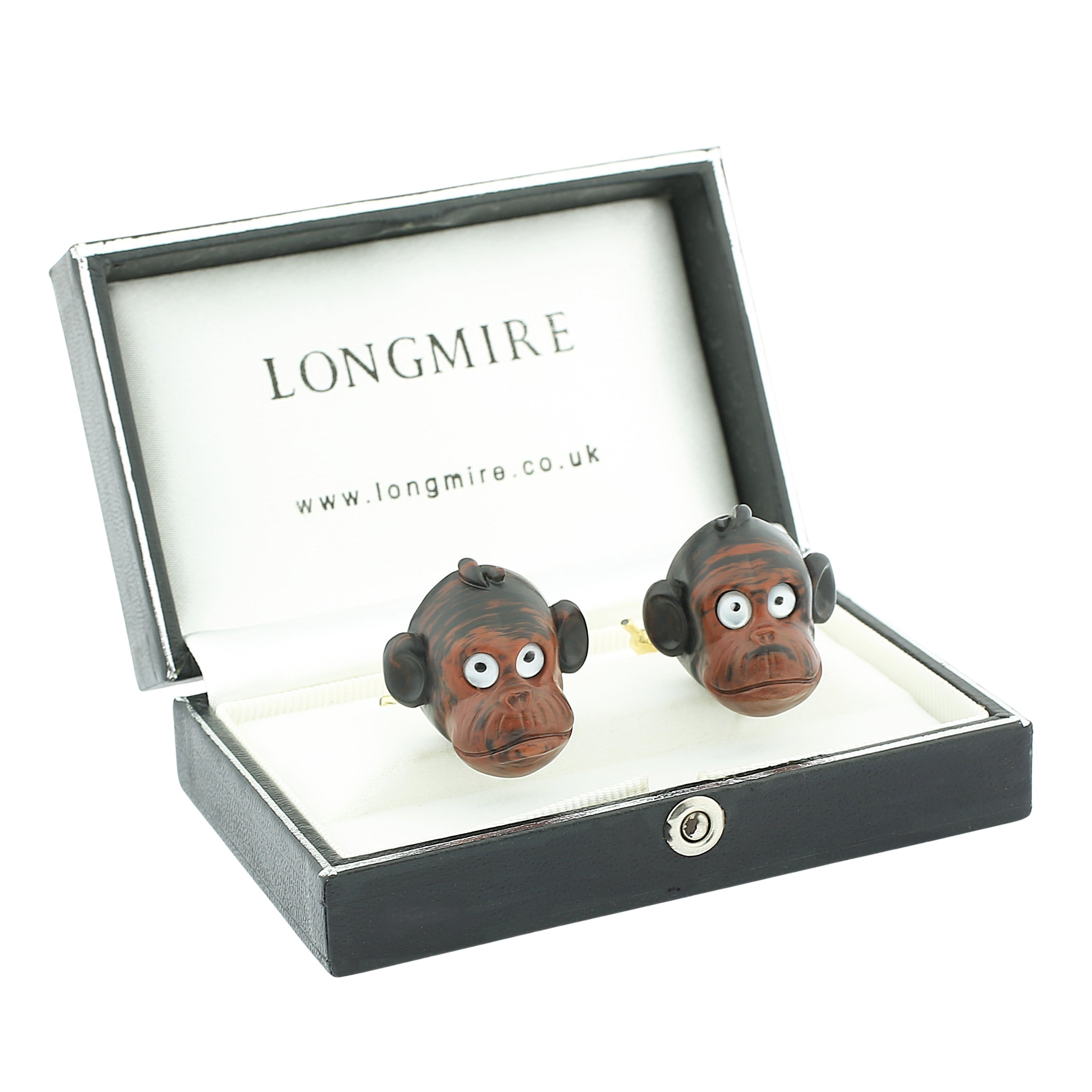CHIMP WITH ROCK CRYSTAL AND MOTHER OF PEARL EYES 14ct GOLD CUFFLINKS - boxed