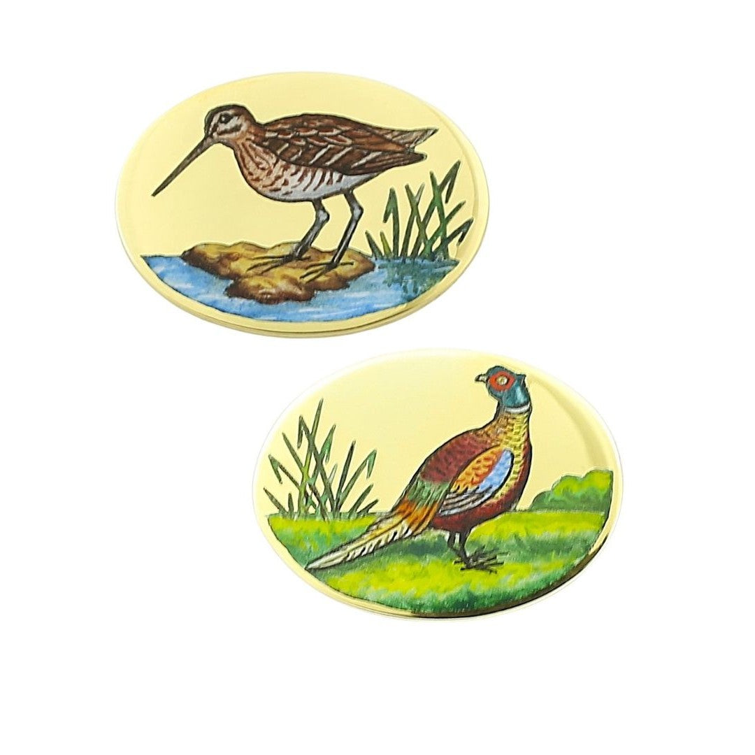 GAMEBIRDS 18ct YELLOW GOLD CUFFLINKS - snipe pheasant