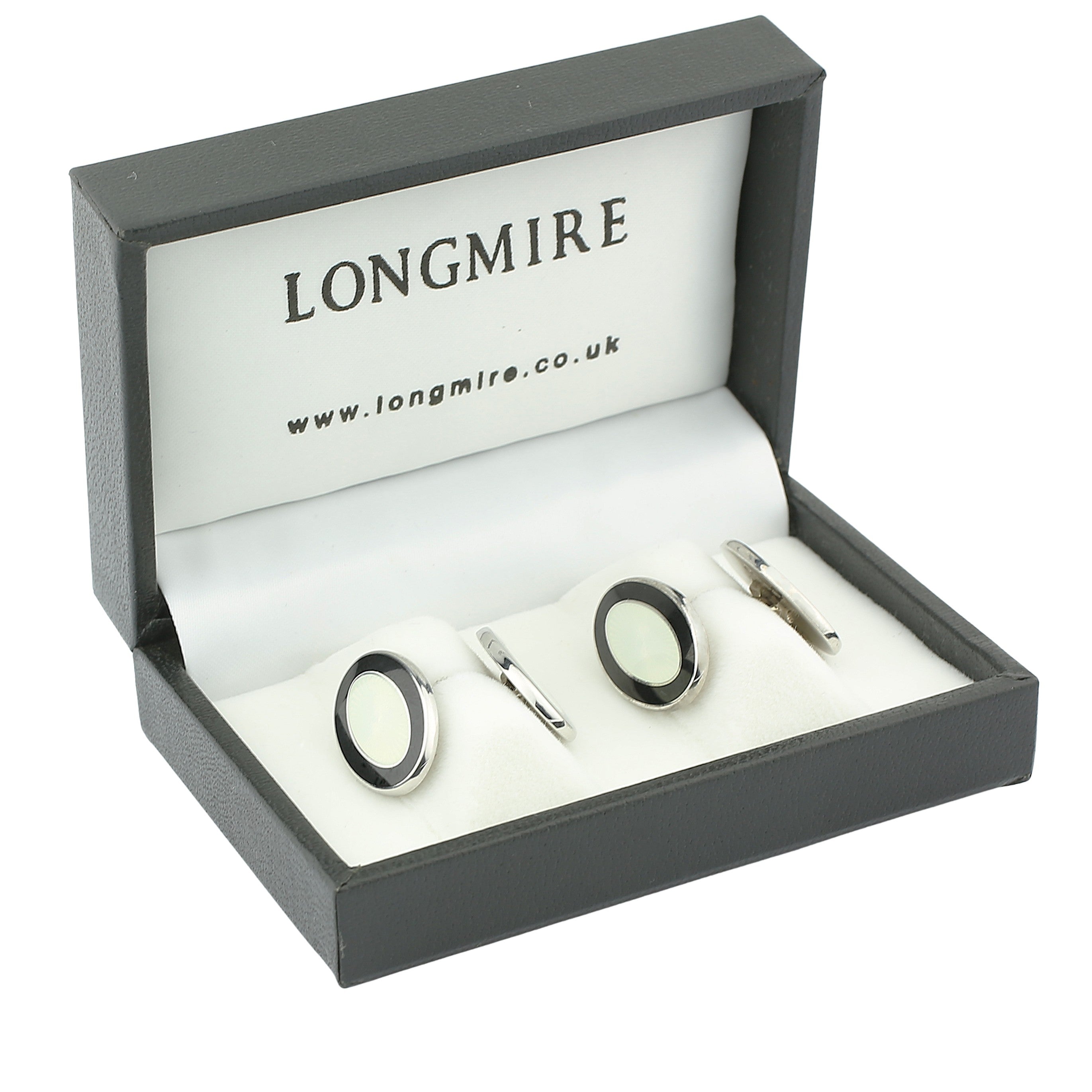 DOUBLE OVAL BLACK/WHITE ENAMEL sterling silver CUFFLINKS - boxed