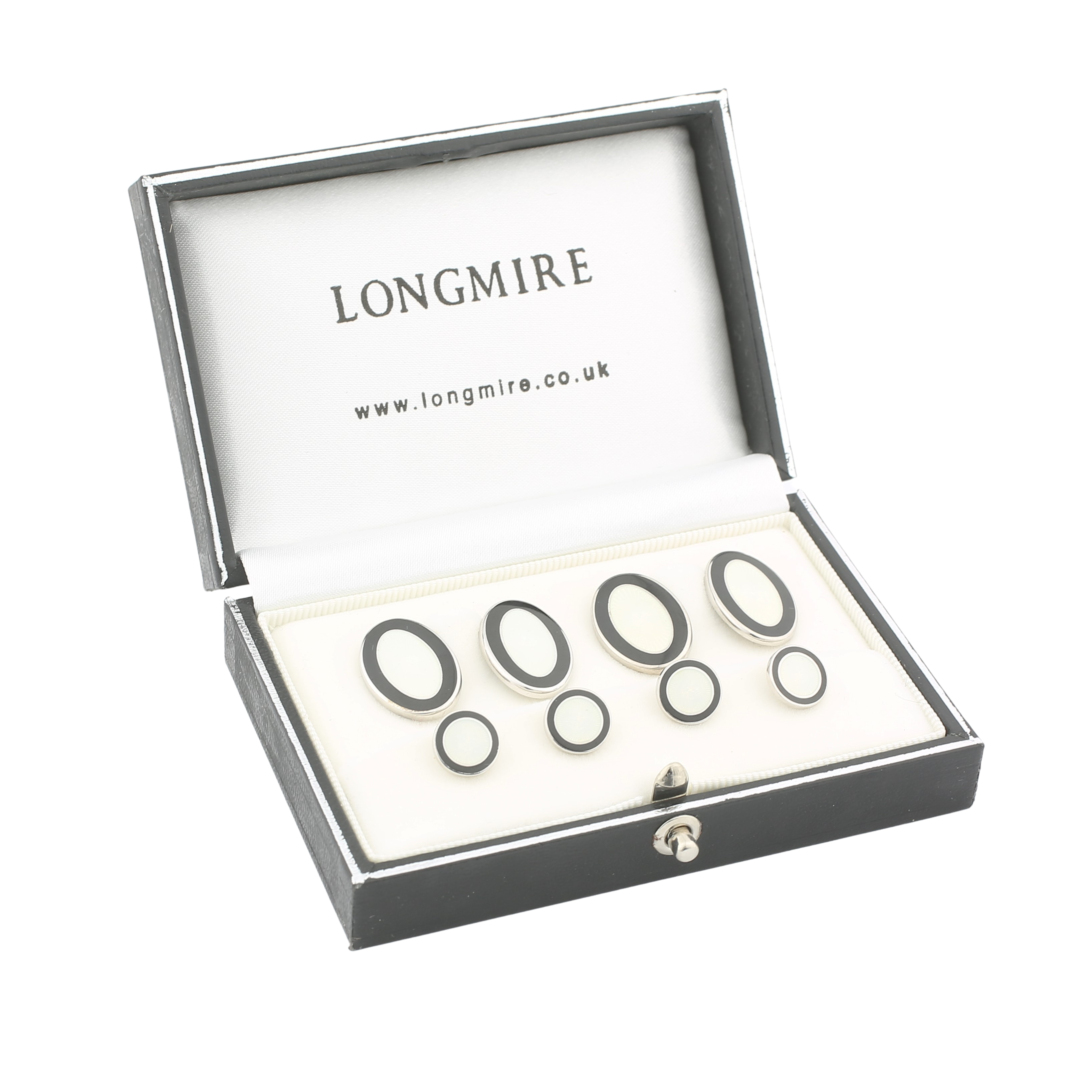 DOUBLE OVAL DRESS SET BLACK/WHITE ENAMEL - boxed