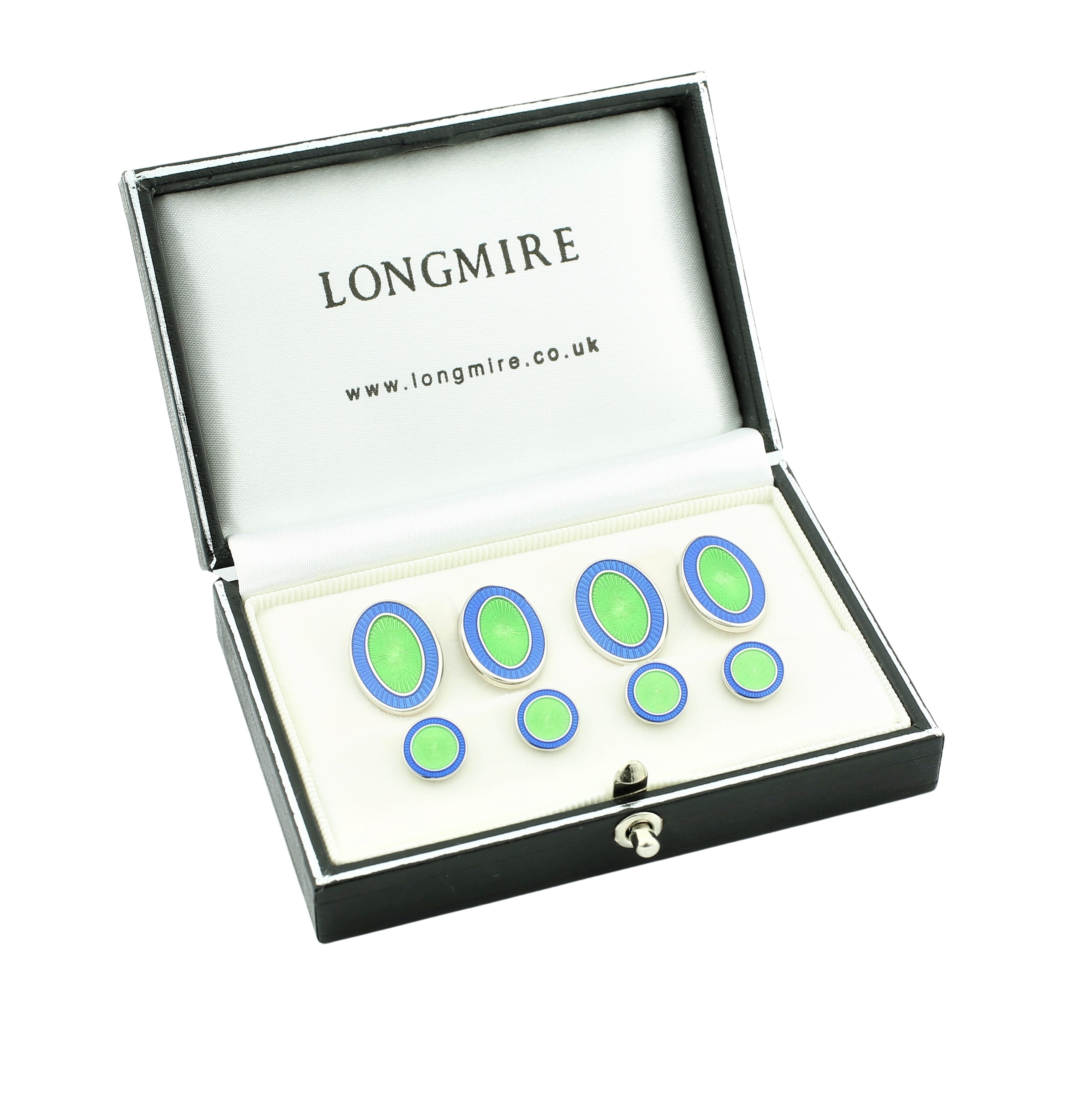 DOUBLE OVAL PALE BLUE/GREEN ENAMEL sterling silver dress set - boxed