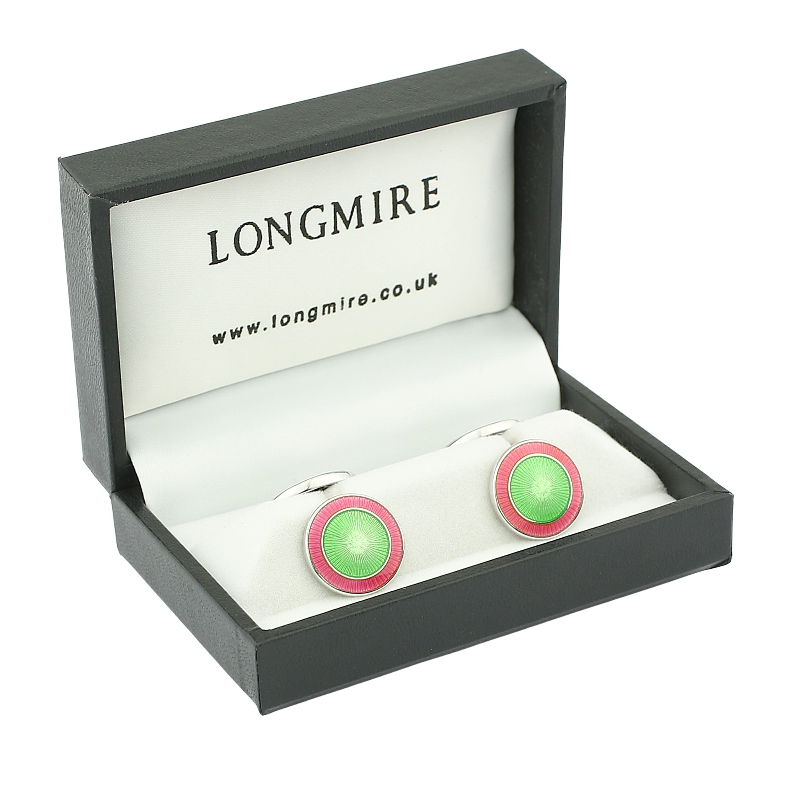double circle salmon pink/pale green enamel sterling silver cufflinks - boxed