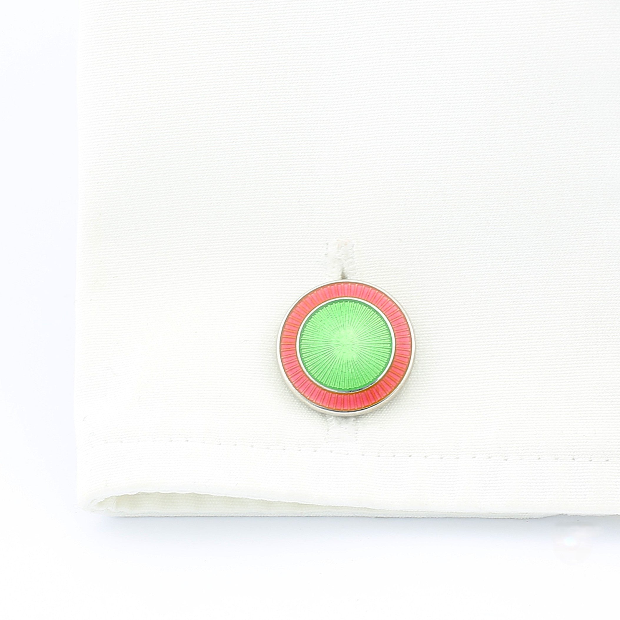 double circle salmon pink/pale green enamel sterling silver cufflinks - cuff