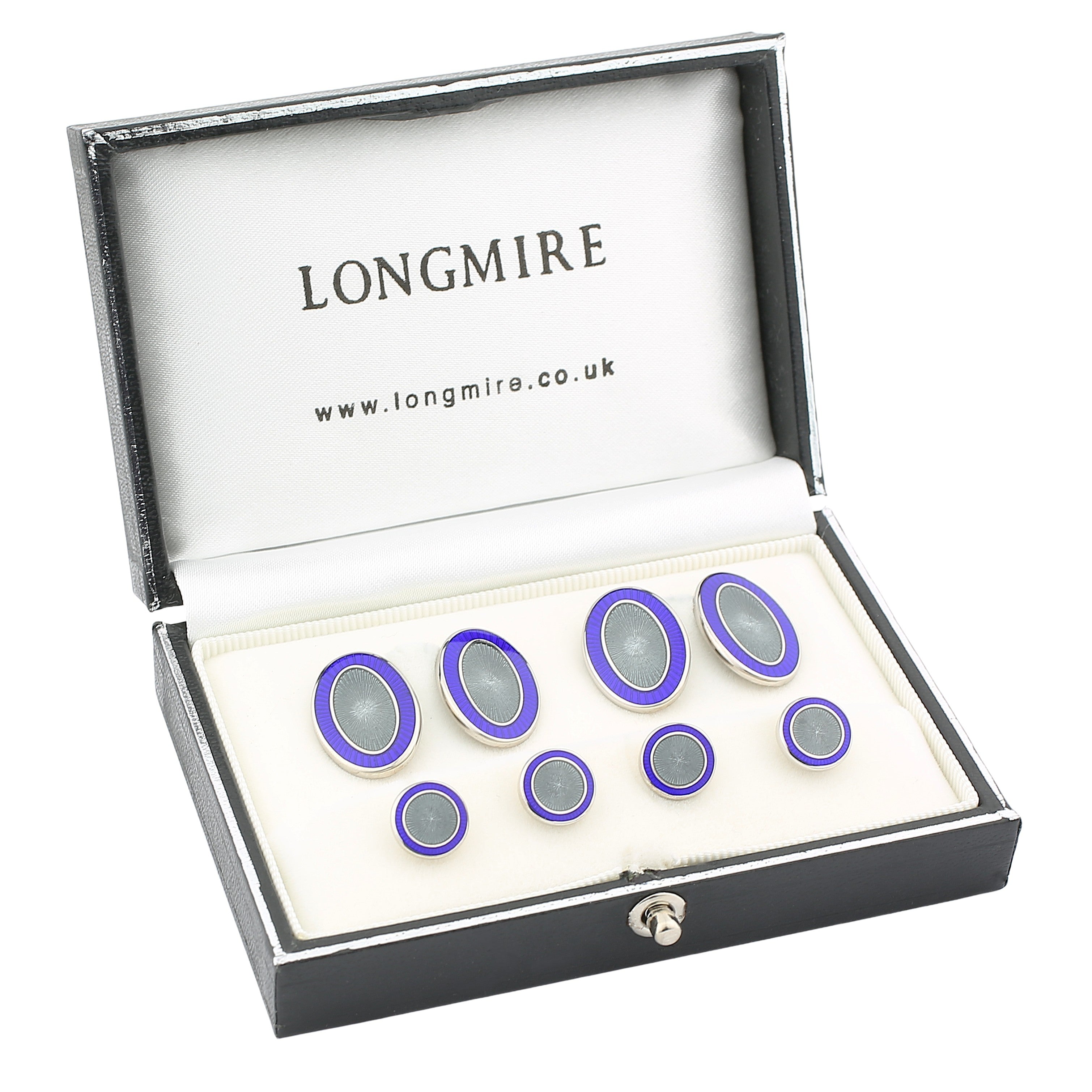 DOUBLE OVAL BLUE/GREY ENAMEL sterling silver dress set - boxed