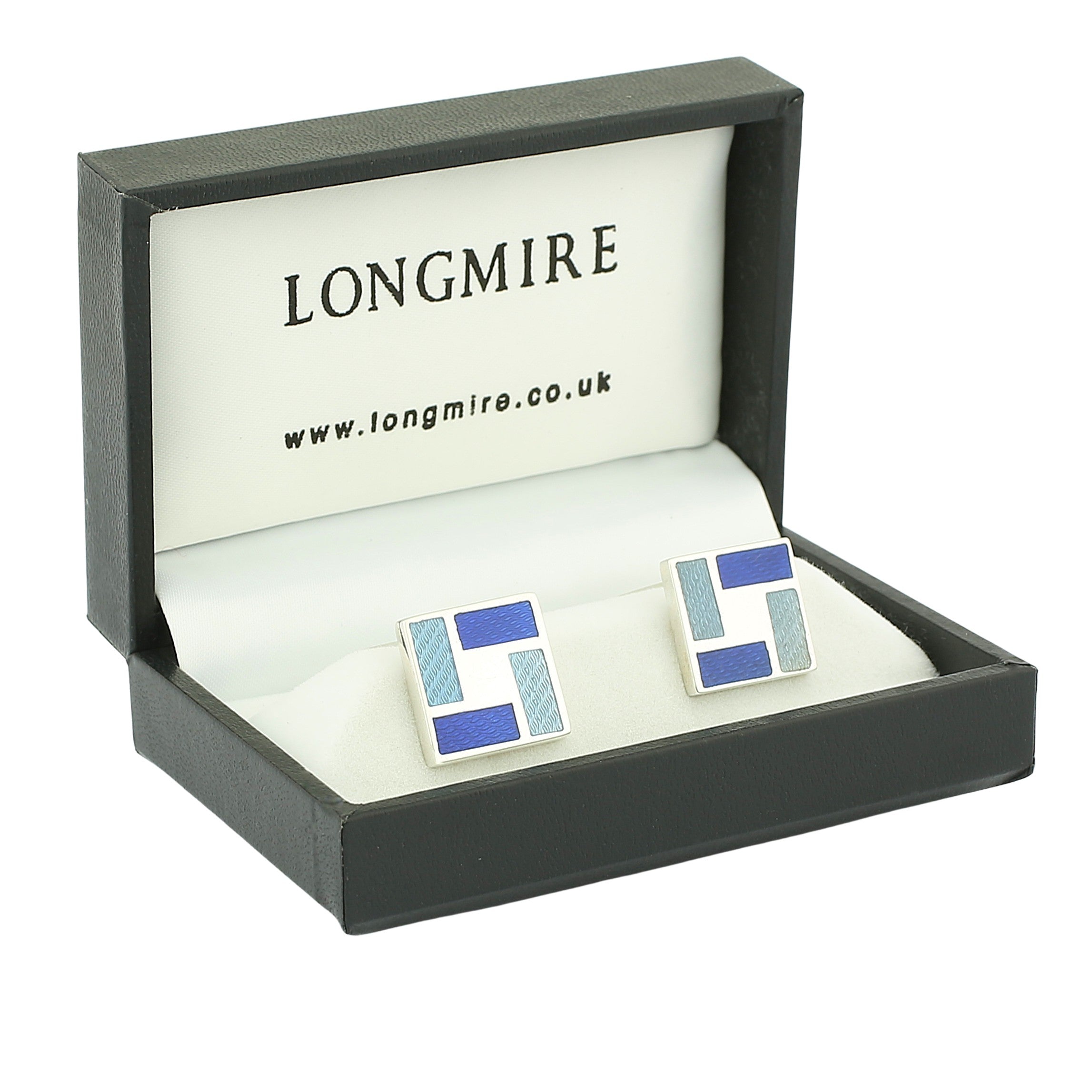 "PARQUET tile" shades of blue ENAMELLED sterling silver CUFFLINKS - boxed