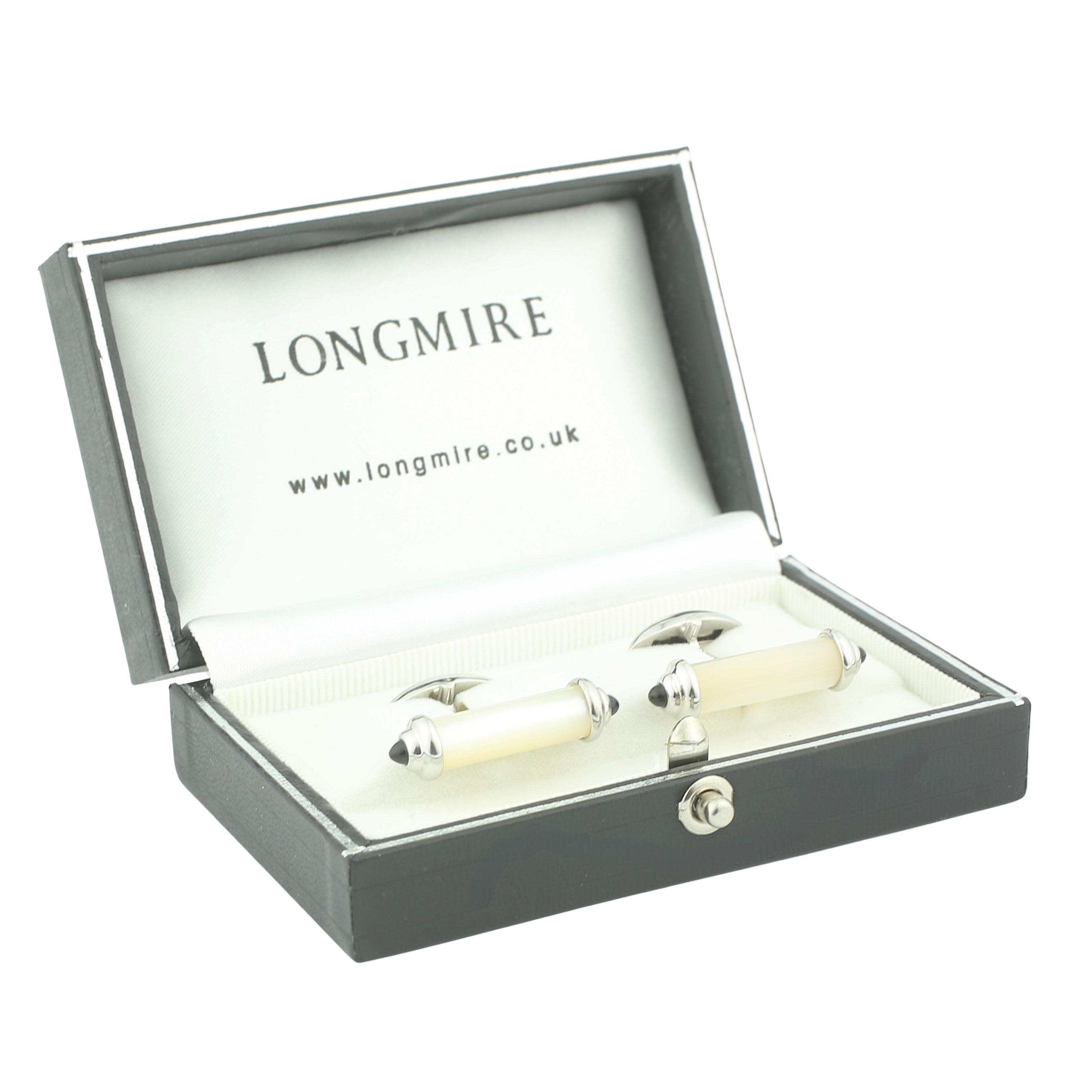 mother of pearl and onyx baton sterling silver cufflinks - boxed