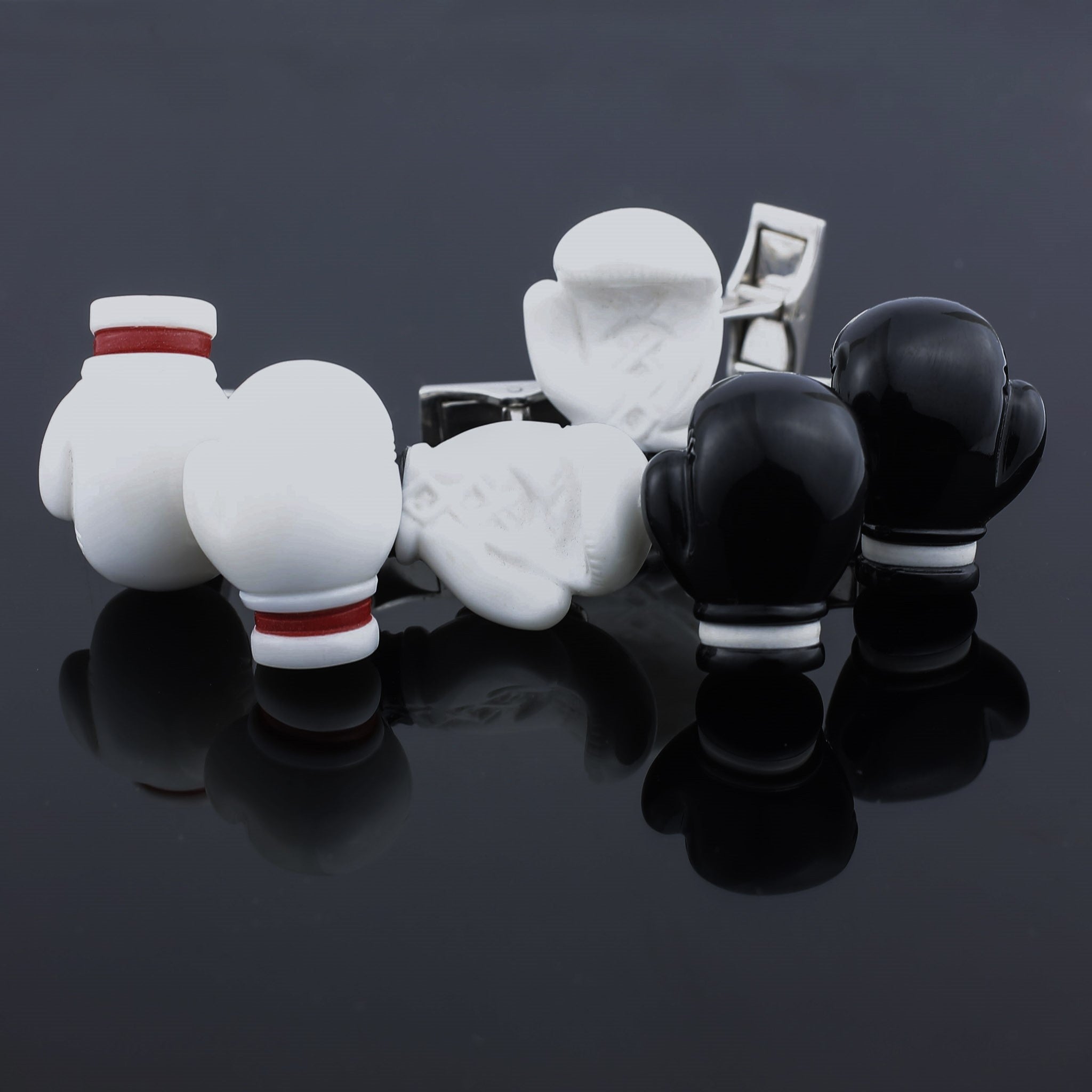 boxing glove cufflinks cacholong & onyx/coral