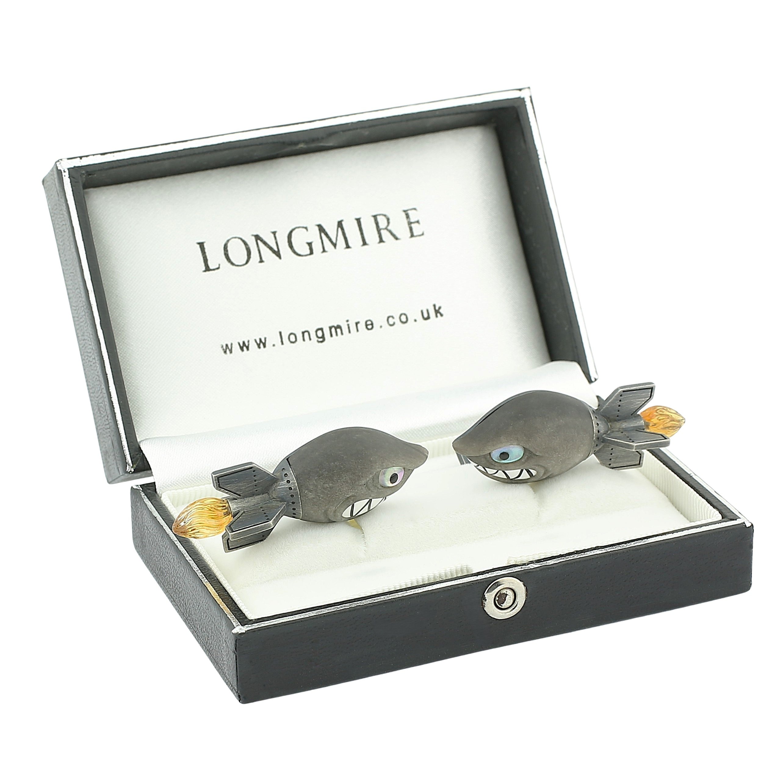 shark torpedo obsidian sterling silver cufflinks - paste