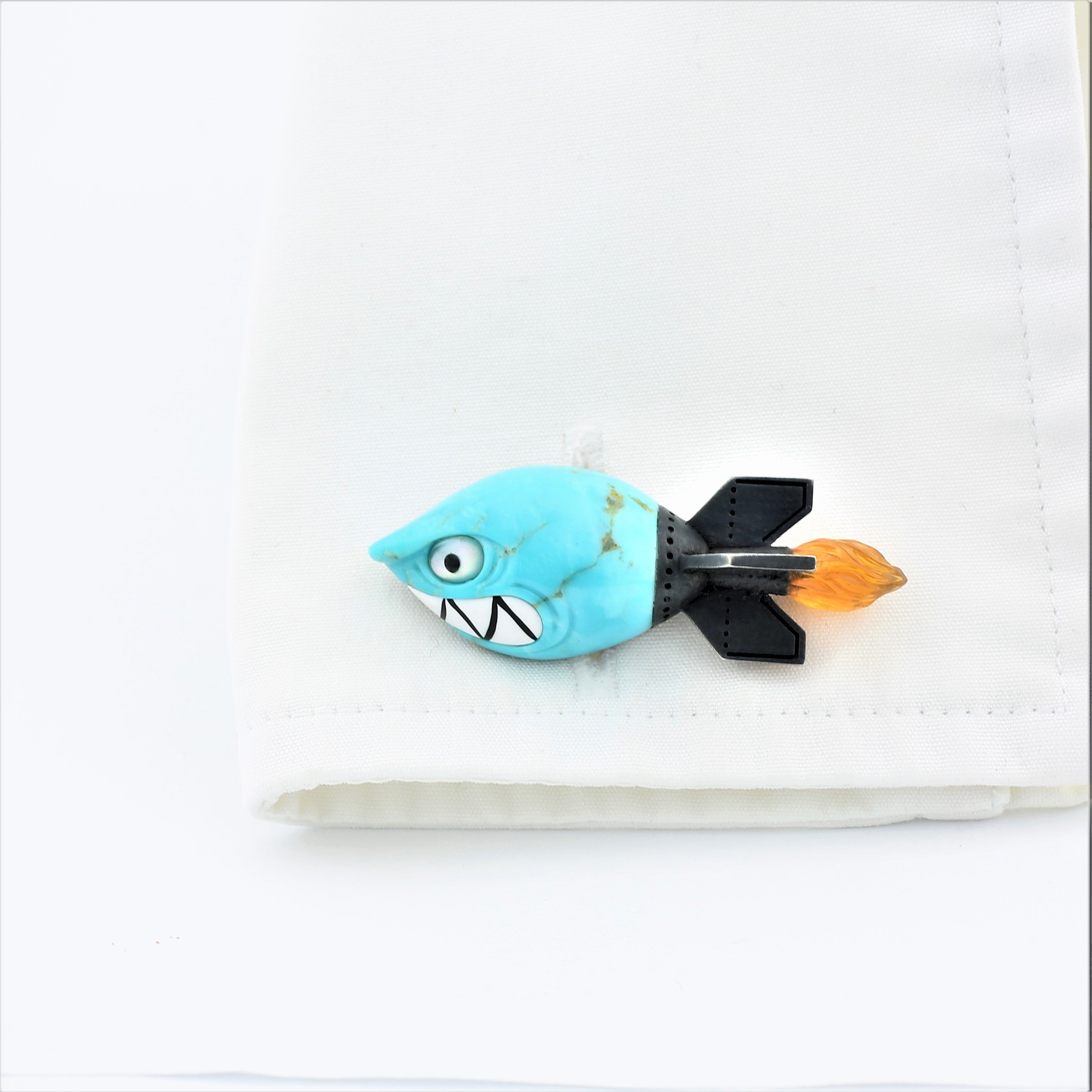 shark torpedo turquoise cufflinks - cufflink