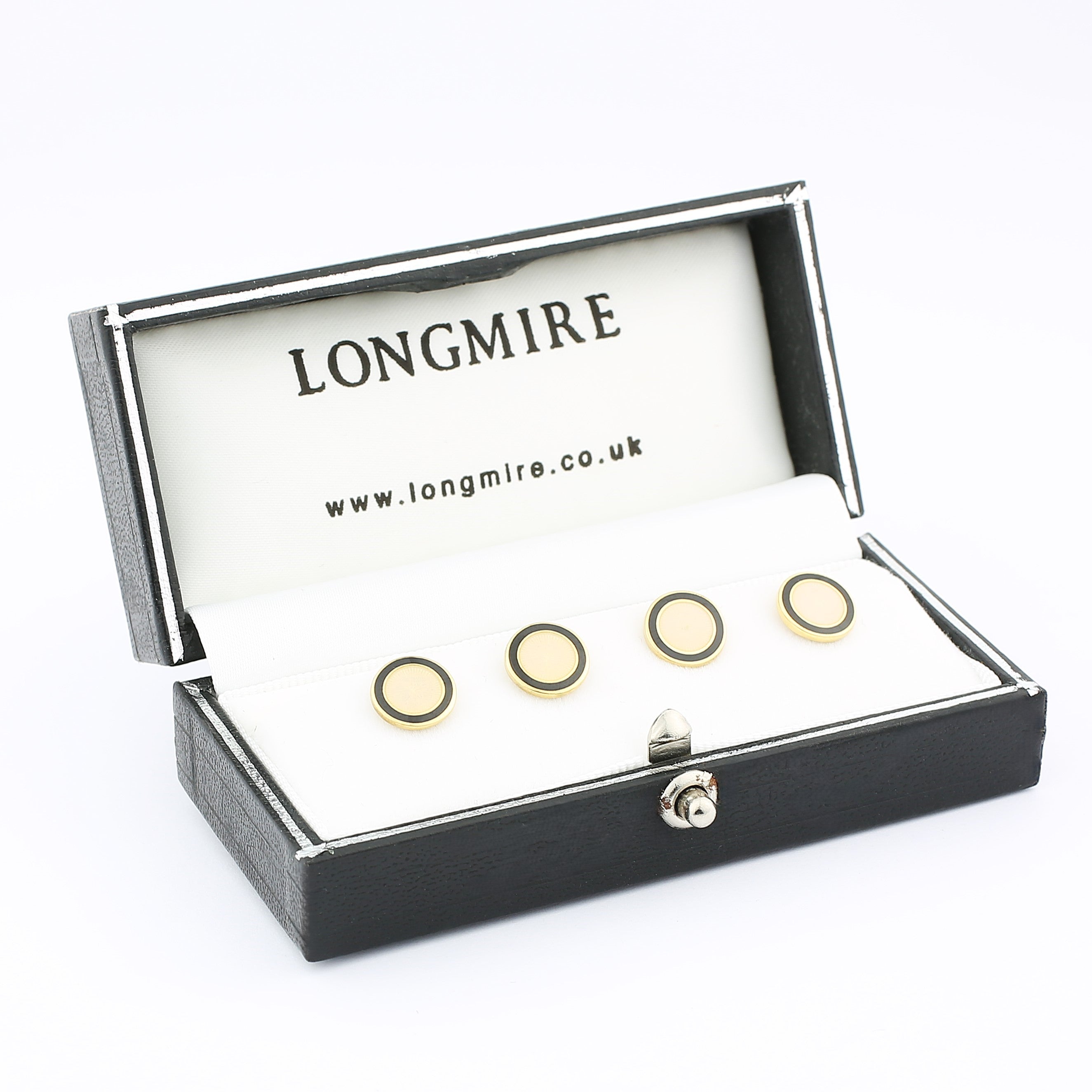 double circle black/cream enamel shirt studs 18ct gold - boxed