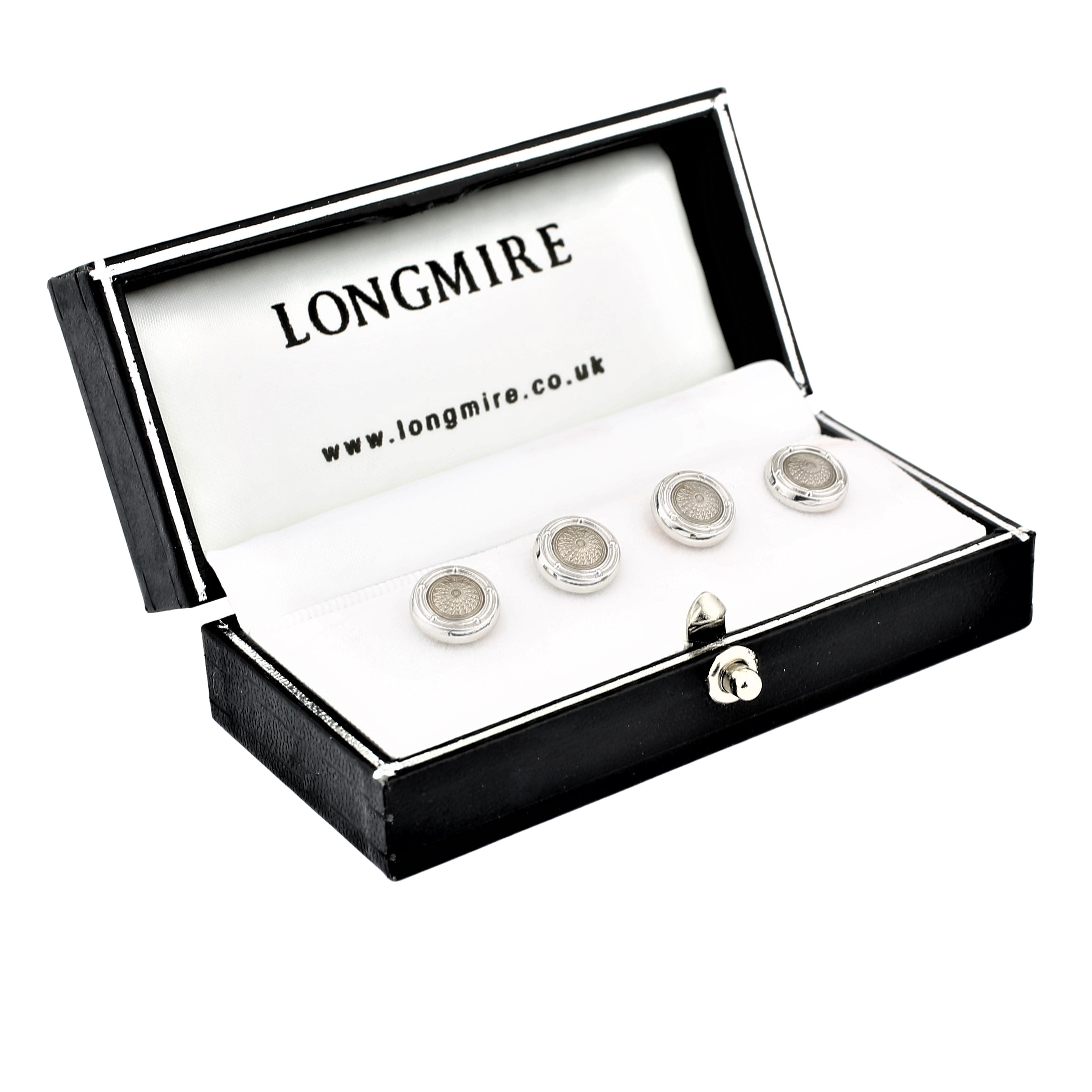 spiral translucent pale grey enamel 18ct white gold shirt studs - boxed
