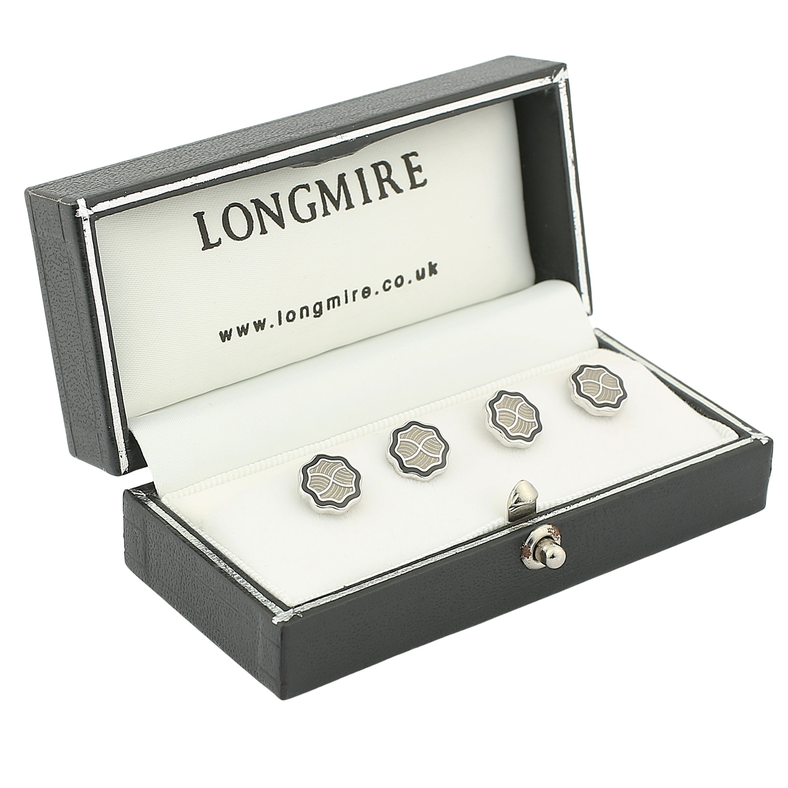 wavy black/transparent 18ct white gold shirt studs - boxed