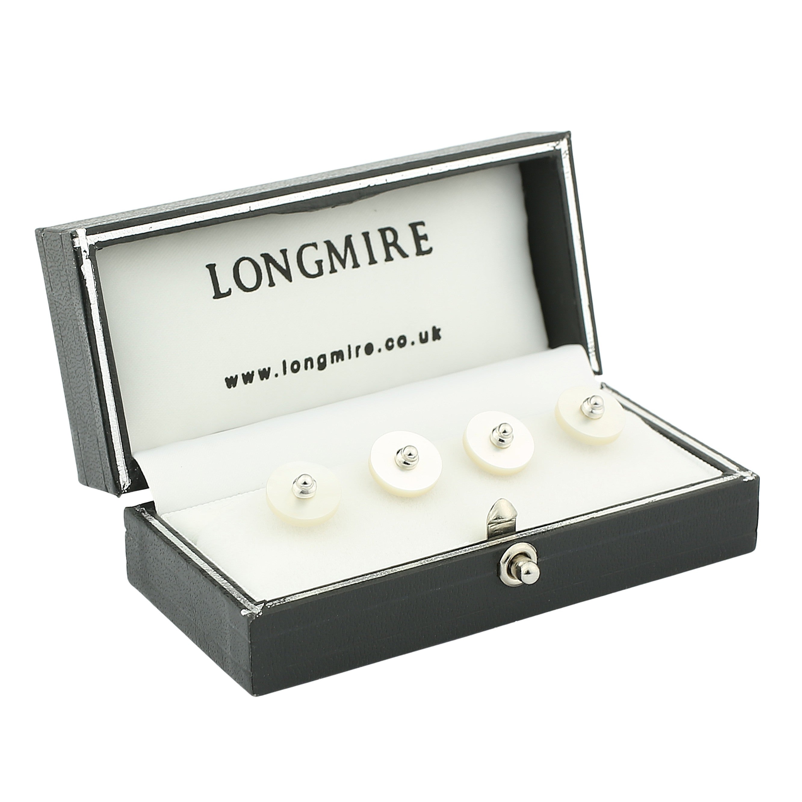 mother of pearl disc 18ct white gold shirt studs - boxed