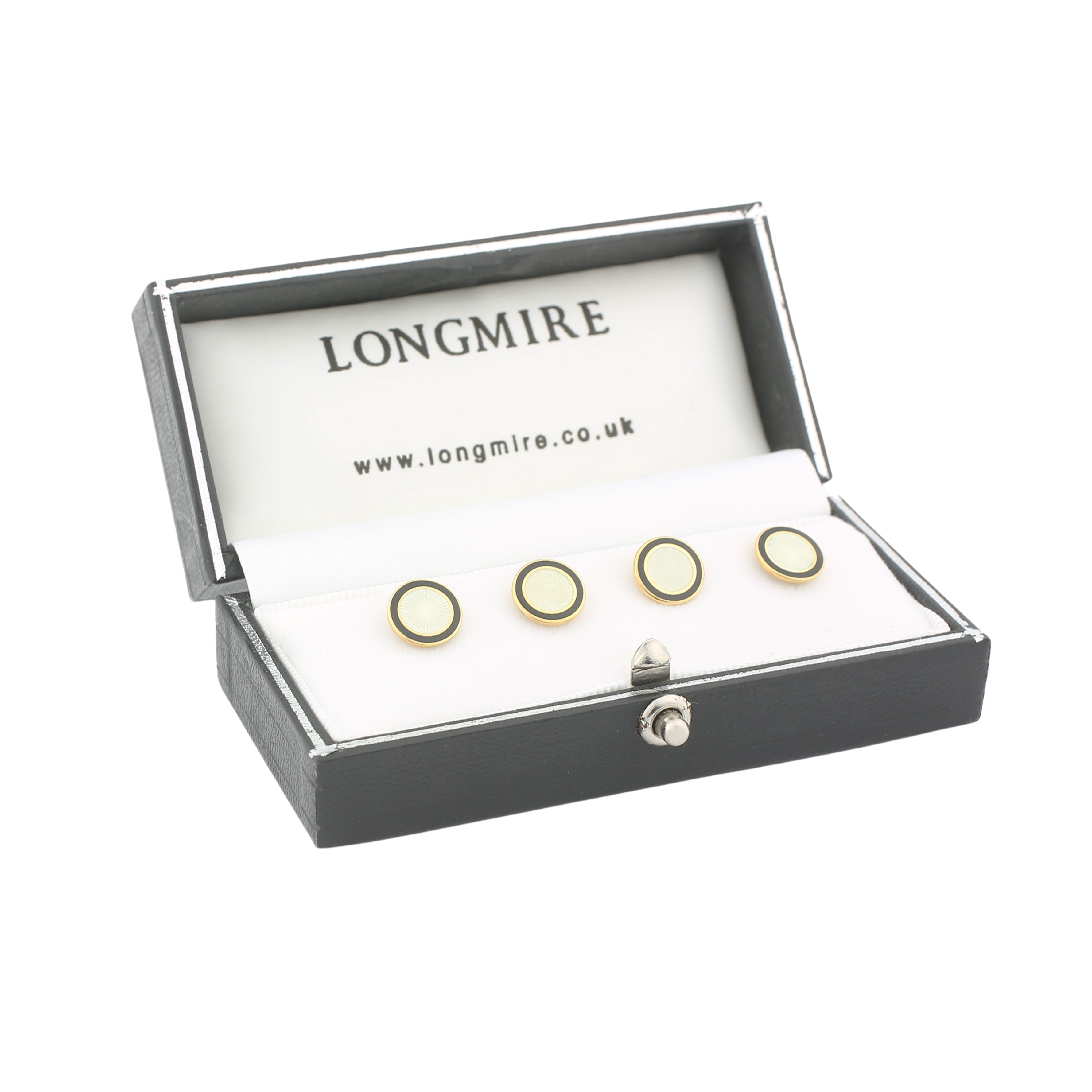 double circle black/cream enamel shirt studs 9ct gold - boxed
