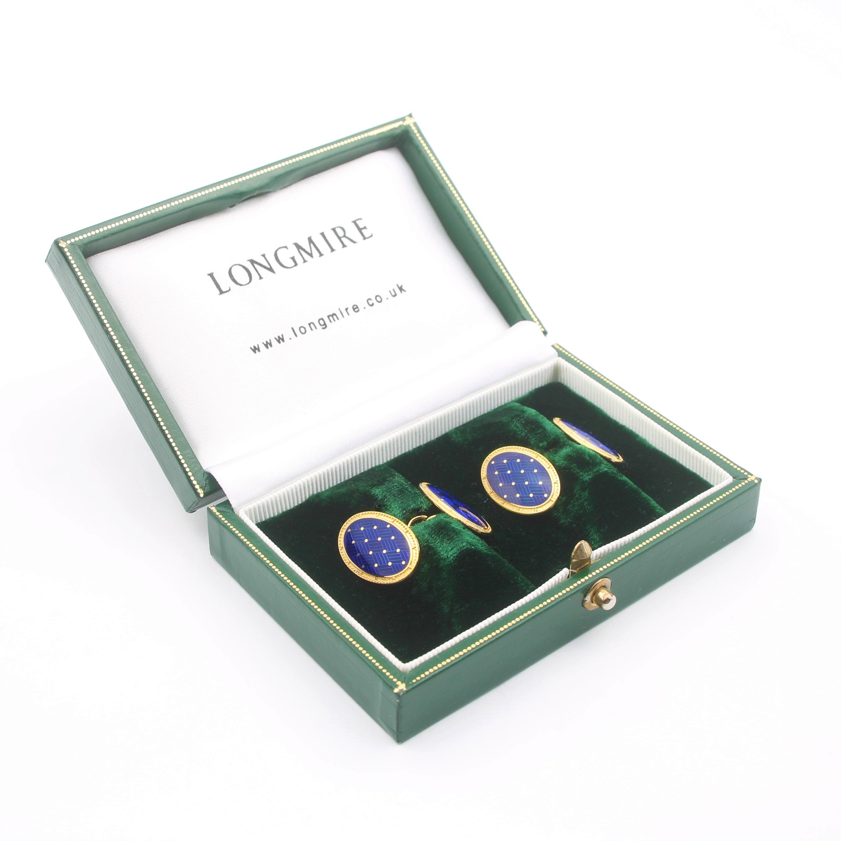 BASKET BLUE ENAMEL 18ct YELLOW GOLD CUFFLINKS - boxed