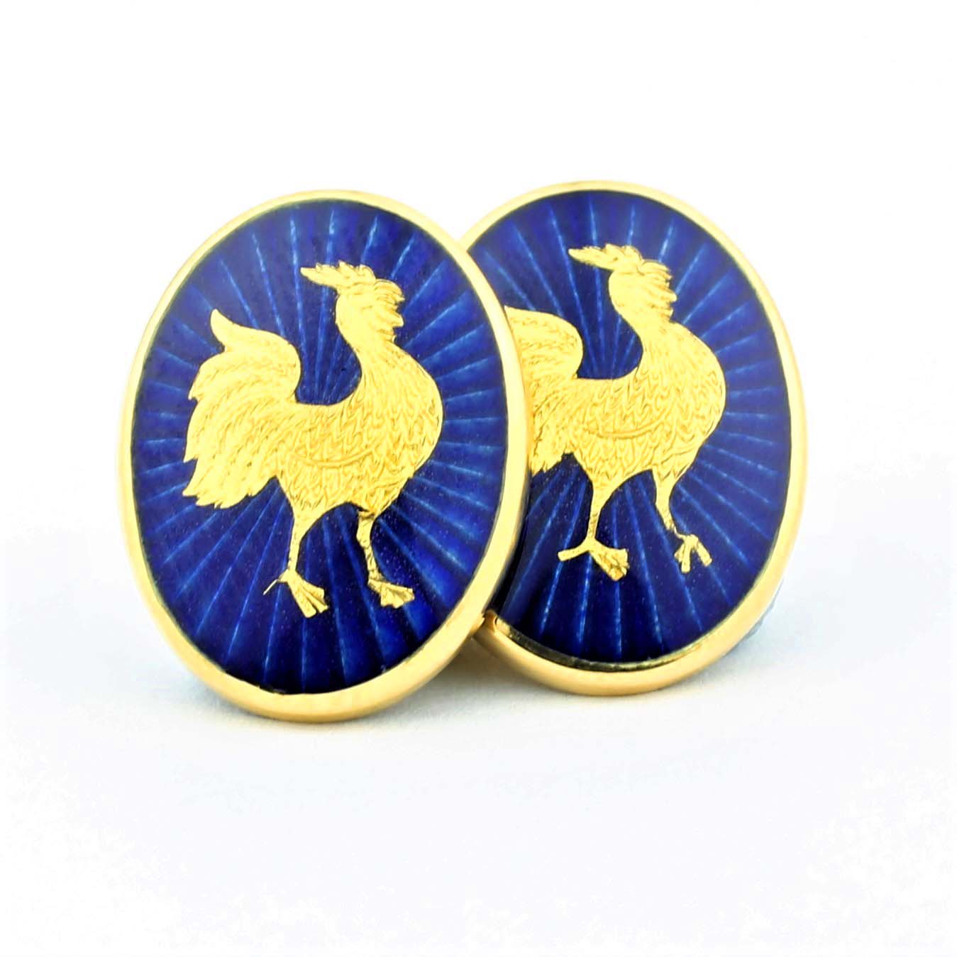 Cockerel paillon blue enamel 18ct yellow gold