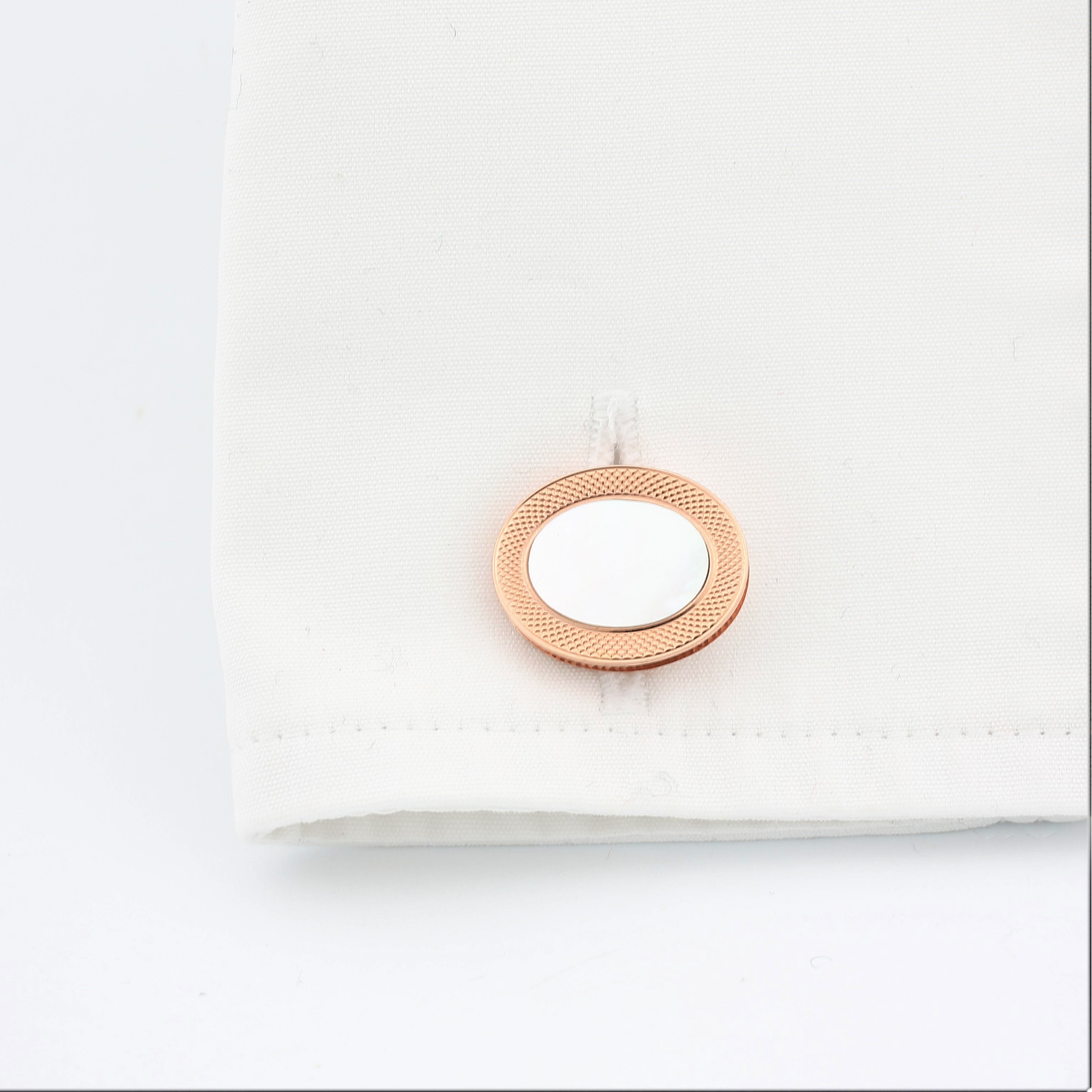 white MOTHER OF PEARL - REEDED EDGE - OVAL 18ct ROSE GOLD CUFFLINKS - cuff