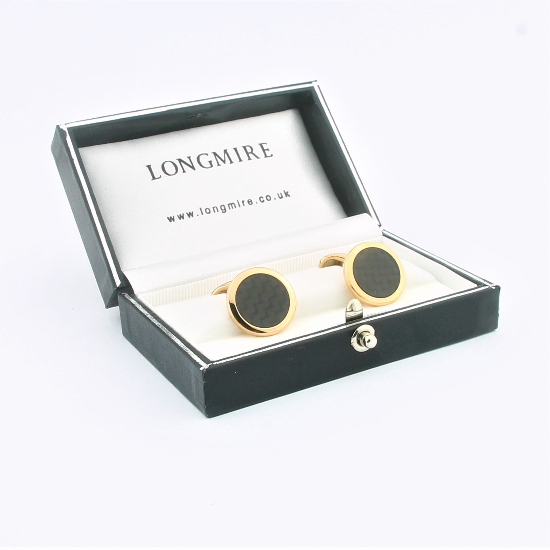Carbon weave circle cufflinks 18k rose gold - boxed