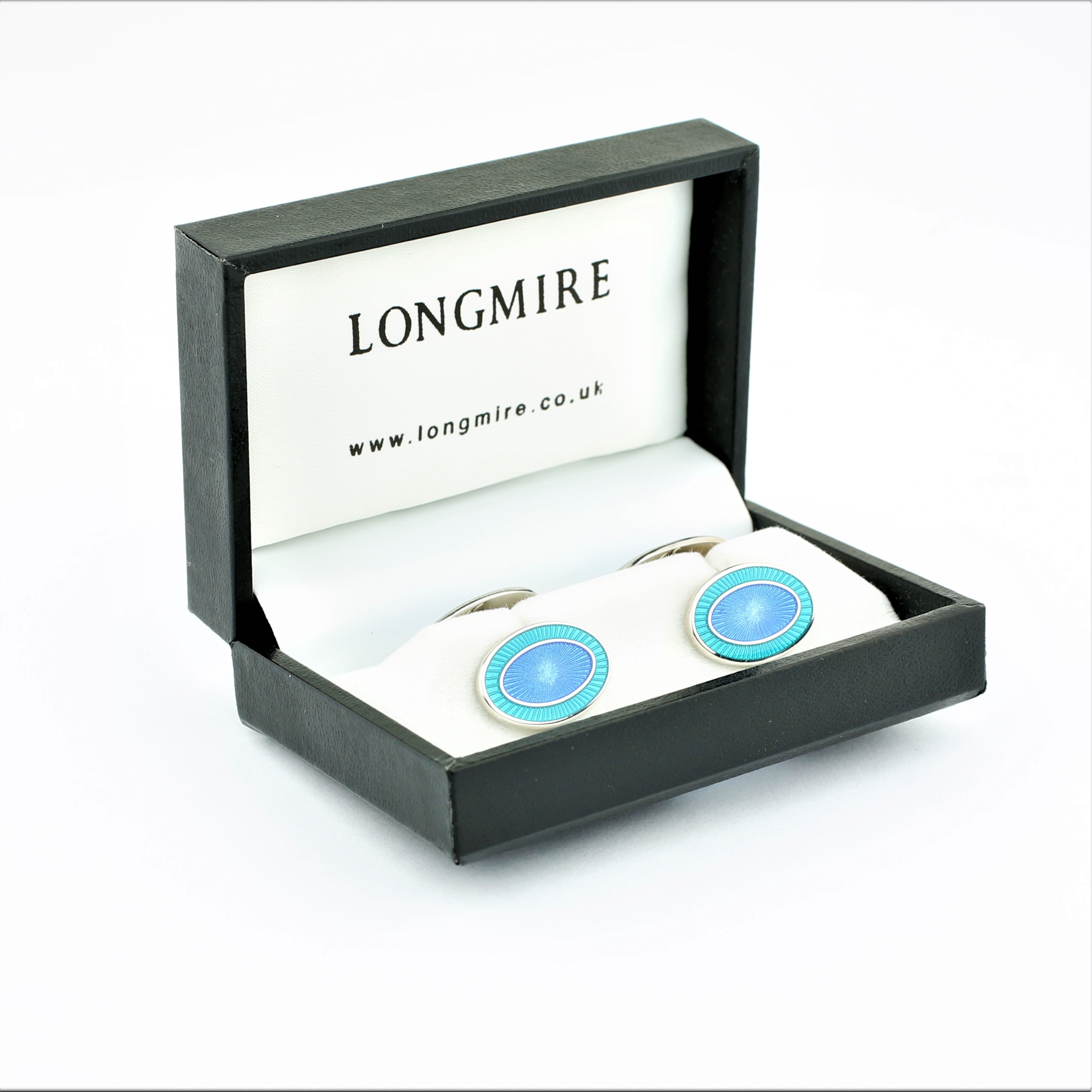 DOUBLE OVAL AQUAMARINE/BLUE ENAMEL sterling silver CUFFLINKS - boxed