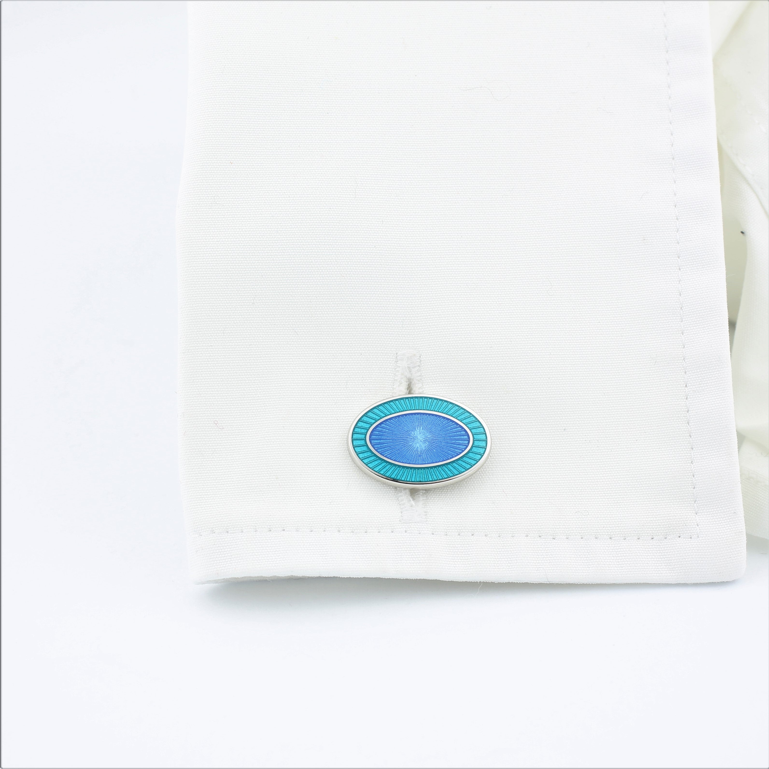 DOUBLE OVAL AQUAMARINE/BLUE ENAMEL sterling silver CUFFLINKS -cuff