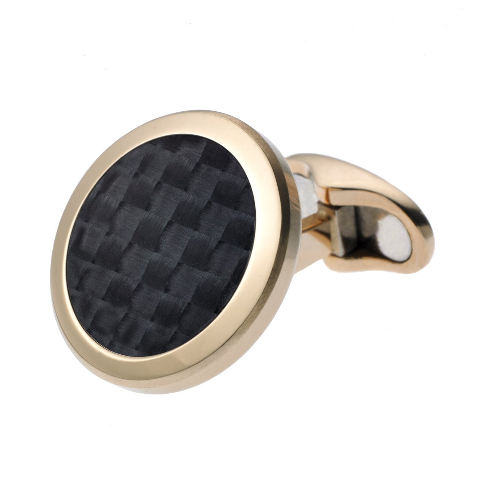 Carbon weave circle cufflinks 18k rose gold