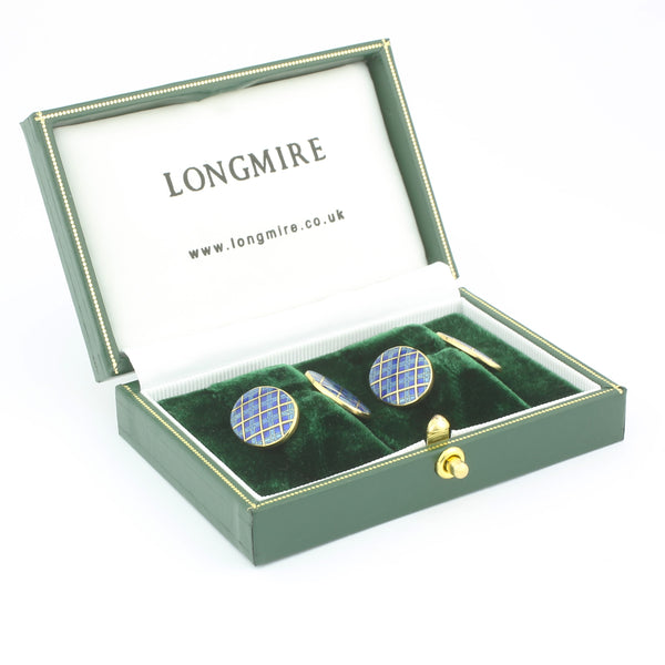 tartan design blue/light blue oval 18ct yellow gold - boxed