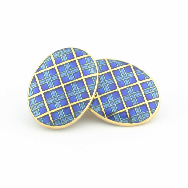 tartan design blue/light blue oval 18ct yellow gold