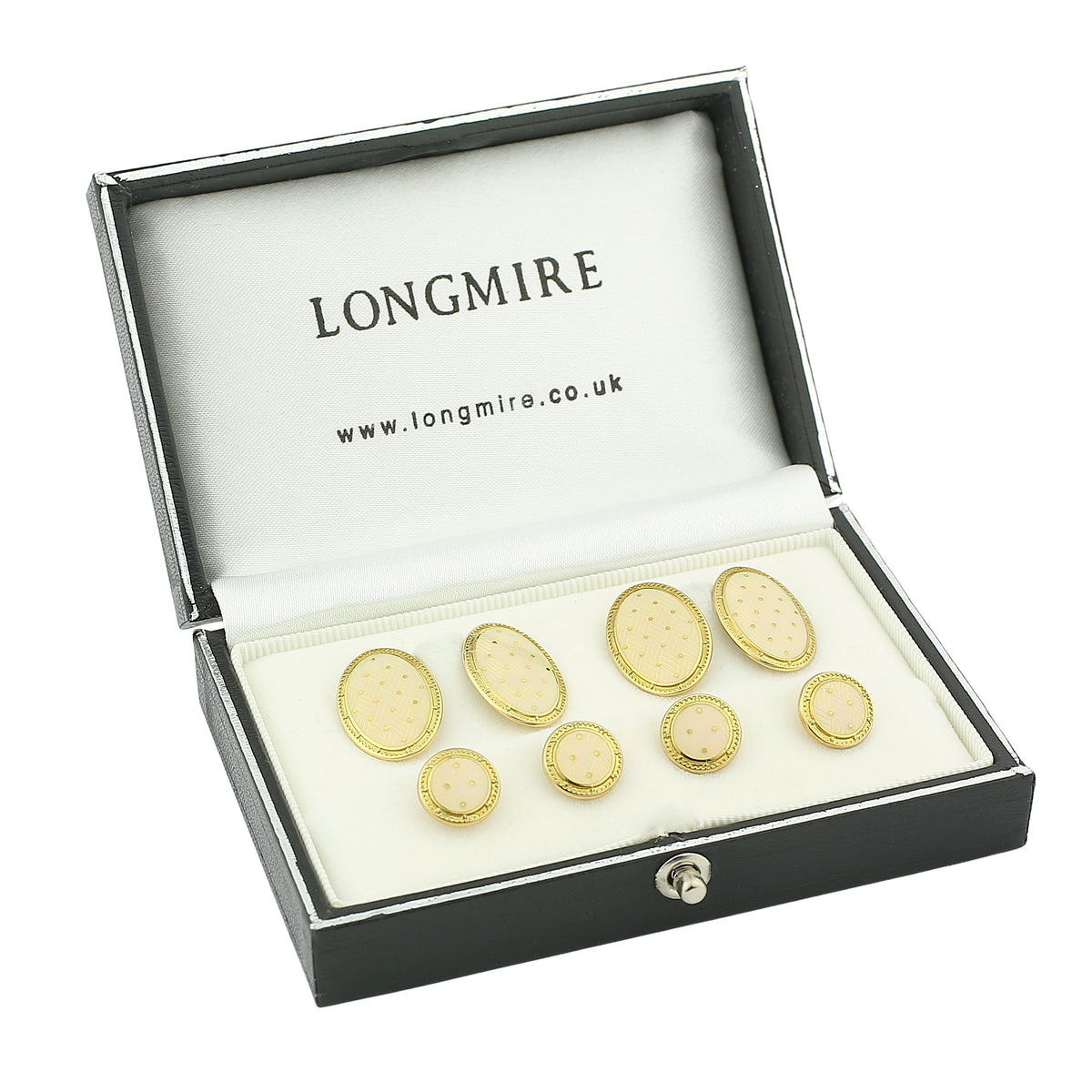 BASKET WEAVE CREAM ENAMEL dress set 18ct YELLOW GOLD - boxed