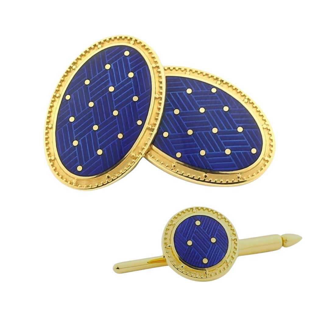 basket weave blue enamel dress set 18ct yellow gold - main