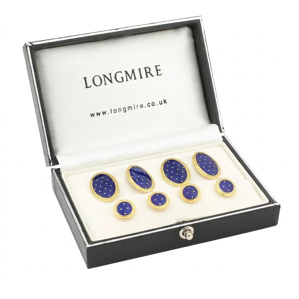 basket weave blue enamel dress set 18ct yellow gold - boxed