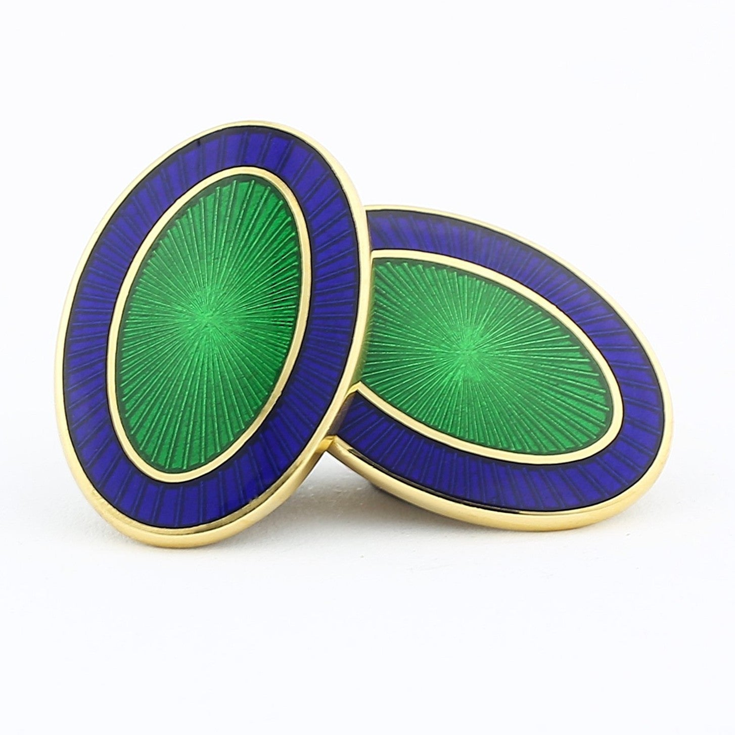 DOUBLE OVAL midnight BLUE/GREEN ENAMEL 18ct YELLOW GOLD CUFFLINKS - main