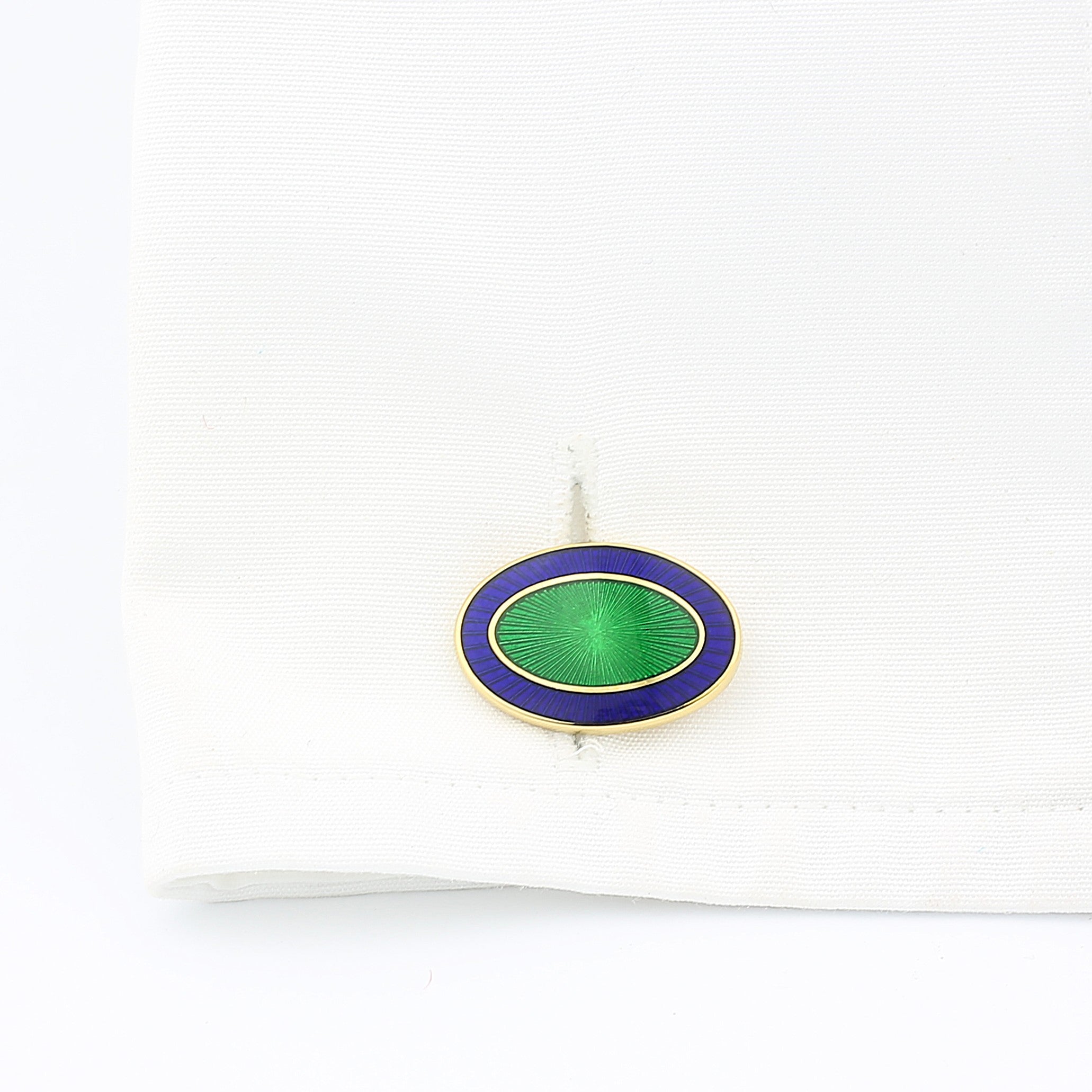 DOUBLE OVAL midnight BLUE/GREEN ENAMEL 18ct YELLOW GOLD CUFFLINKS - cuff