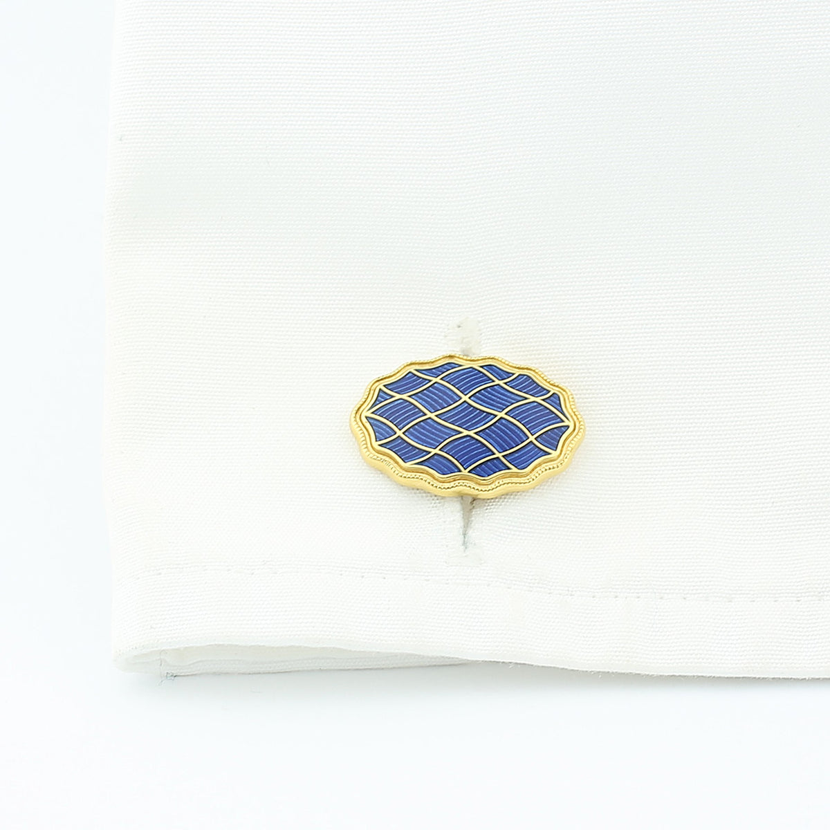 WAVY BLUE ENAMEL t-bar 18ct YELLOW GOLD CUFFLINKS - cuff