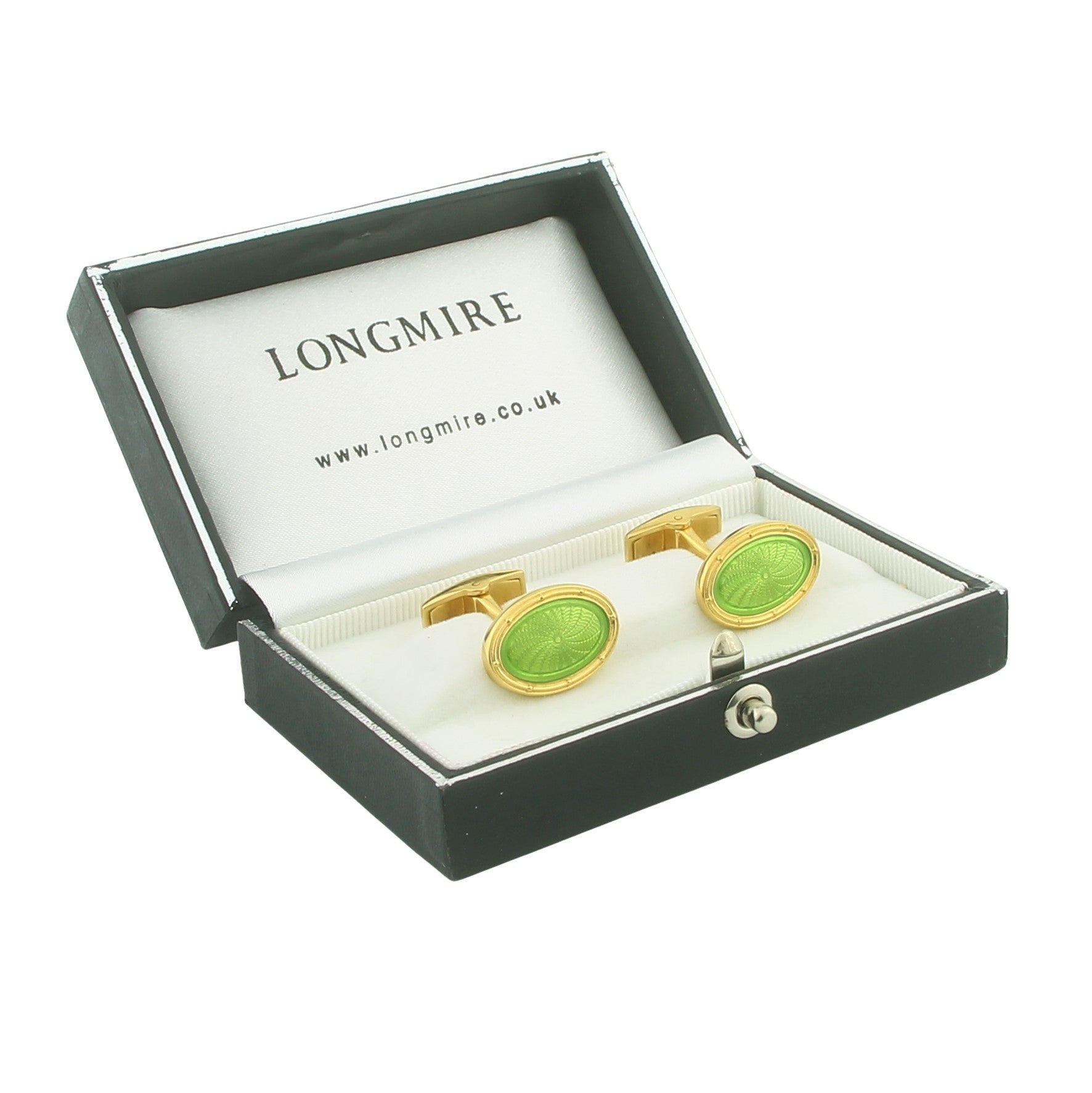 SPIRAL PALE GREEN ENAMEL 18ct YELLOW GOLD CUFFLINKS - boxed