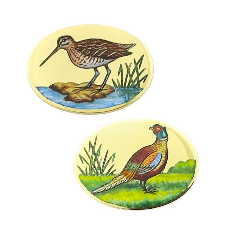 GAMEBIRDS 18ct YELLOW GOLD CUFFLINKS - snipe pheasant