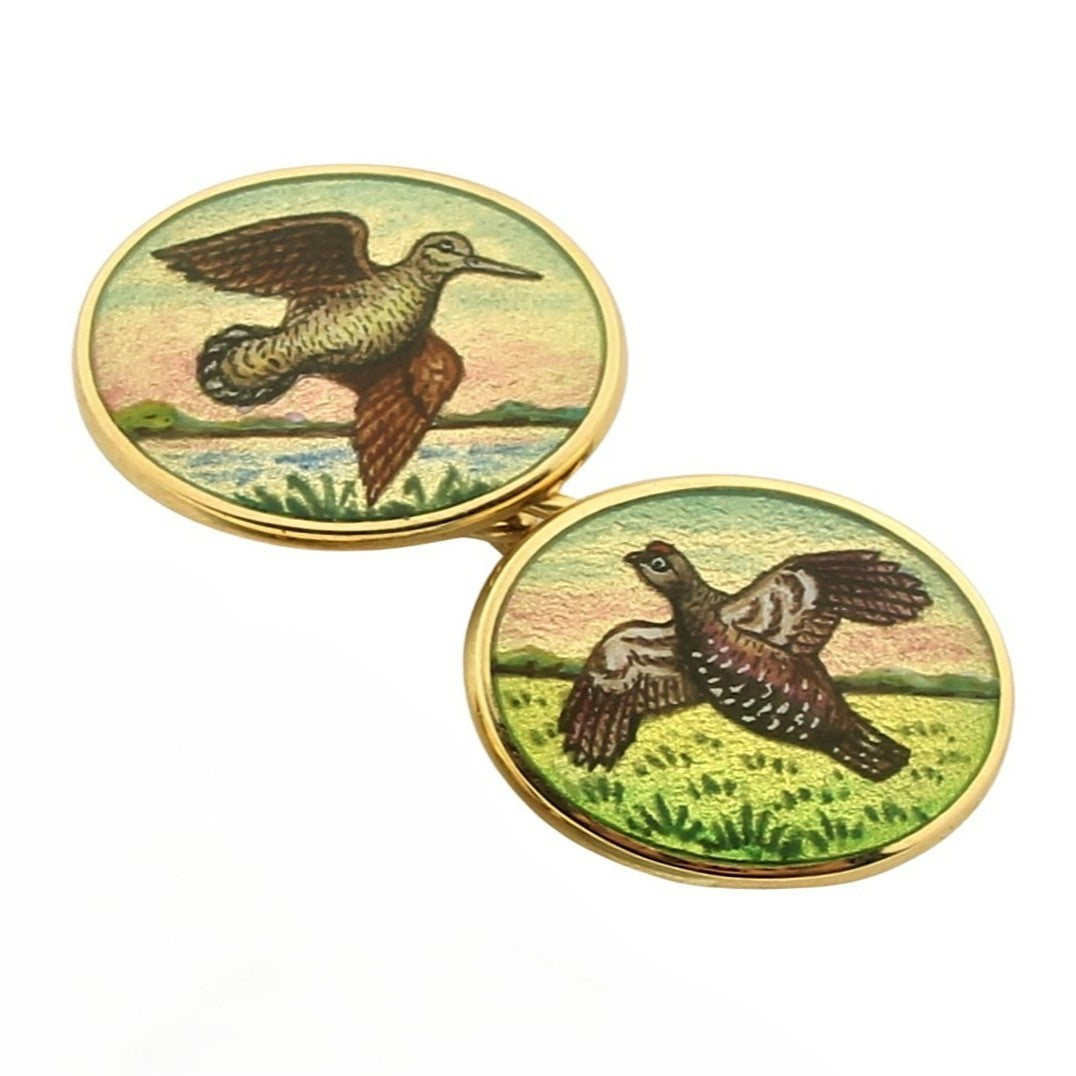 GAMEBIRDS PAINTED BACKGROUND 18ct YELLOW GOLD CUFFLINKS - main