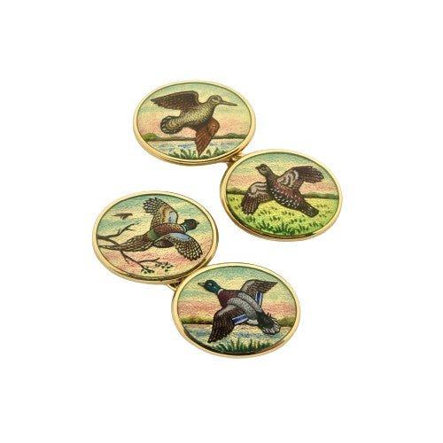 GAMEBIRD - PAINTED BACKGROUND 18ct YELLOW GOLD CUFFLINKS
