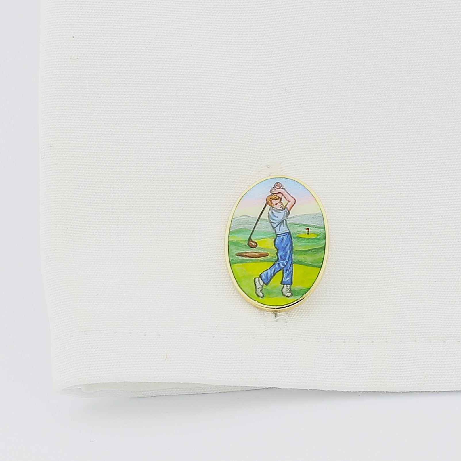 golfers PAINTED BACKGROUND 18ct YELLOW GOLD CUFFLINKS - cuff