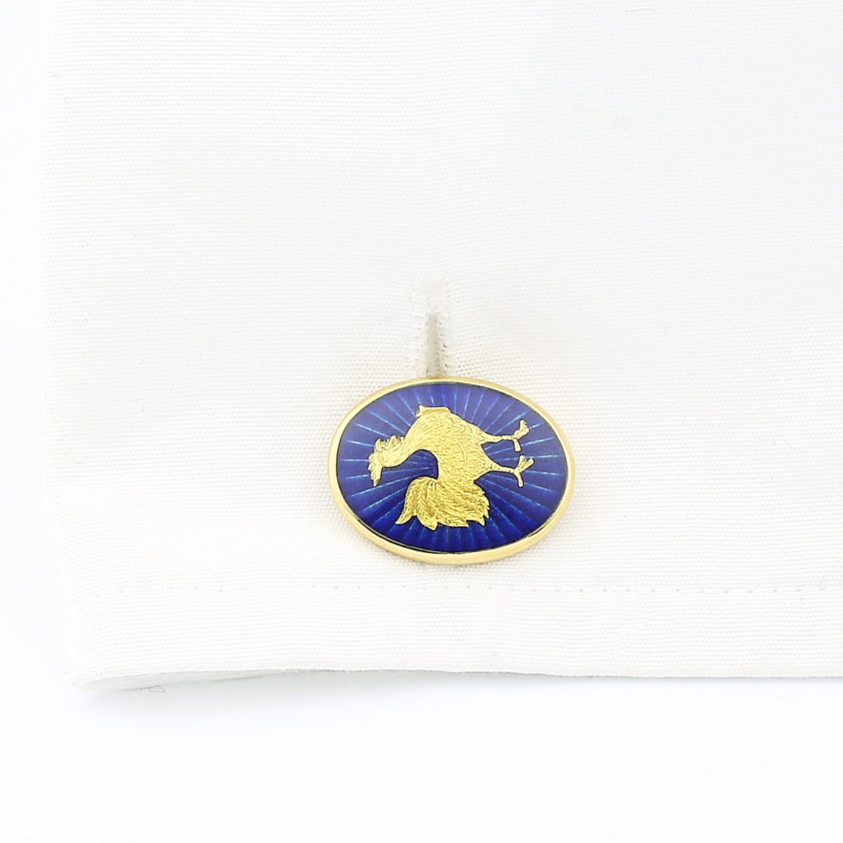 COCKEREL PAILLON BLUE ENAMEL 18ct yellow GOLD CUFFLINKS - cuff