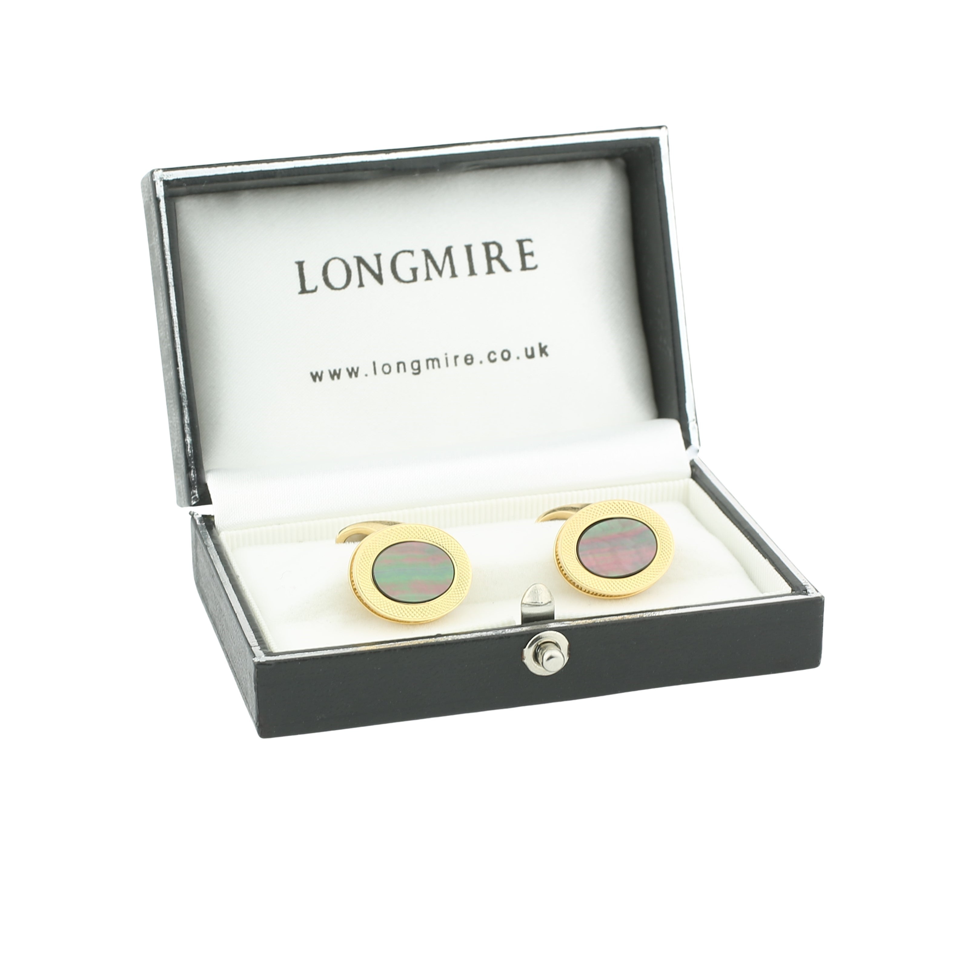 tahitian mother of pearl reeded edge 18ct yellow gold cufflinks - boxed