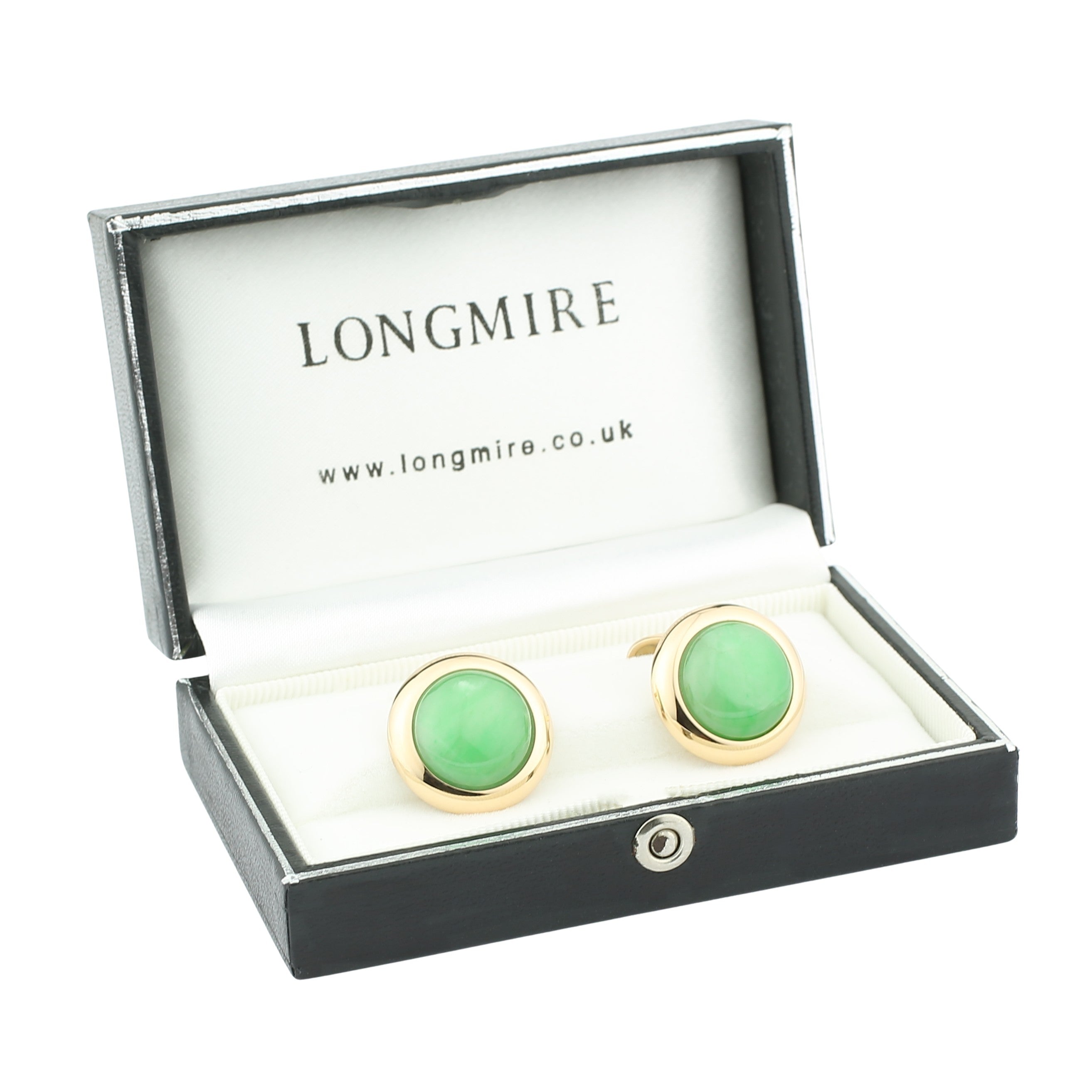 circular jade cabochon 18ct yellow gold cufflinks - boxed