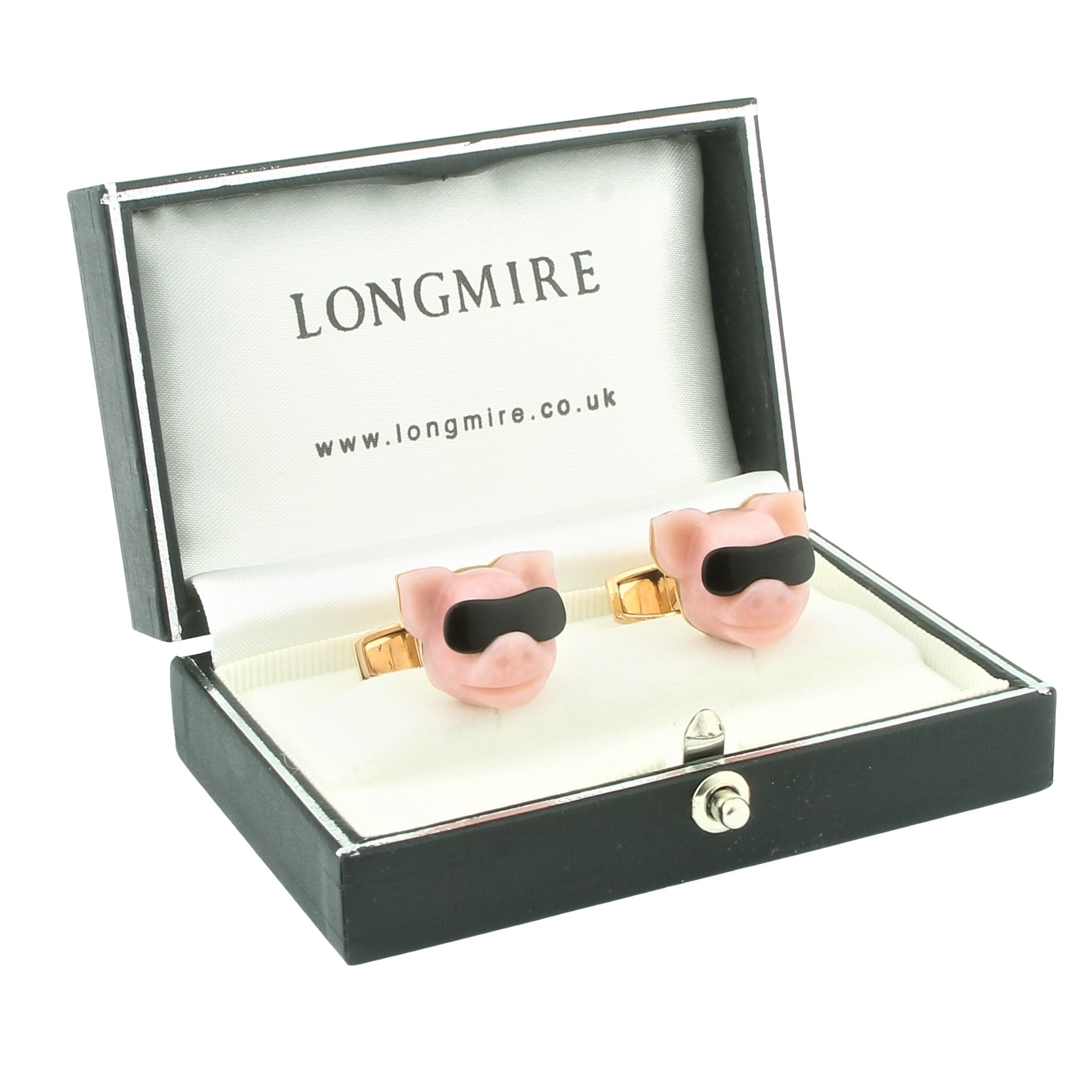cool pig pink opal and onyx 18ct rose gold cufflinks - boxed