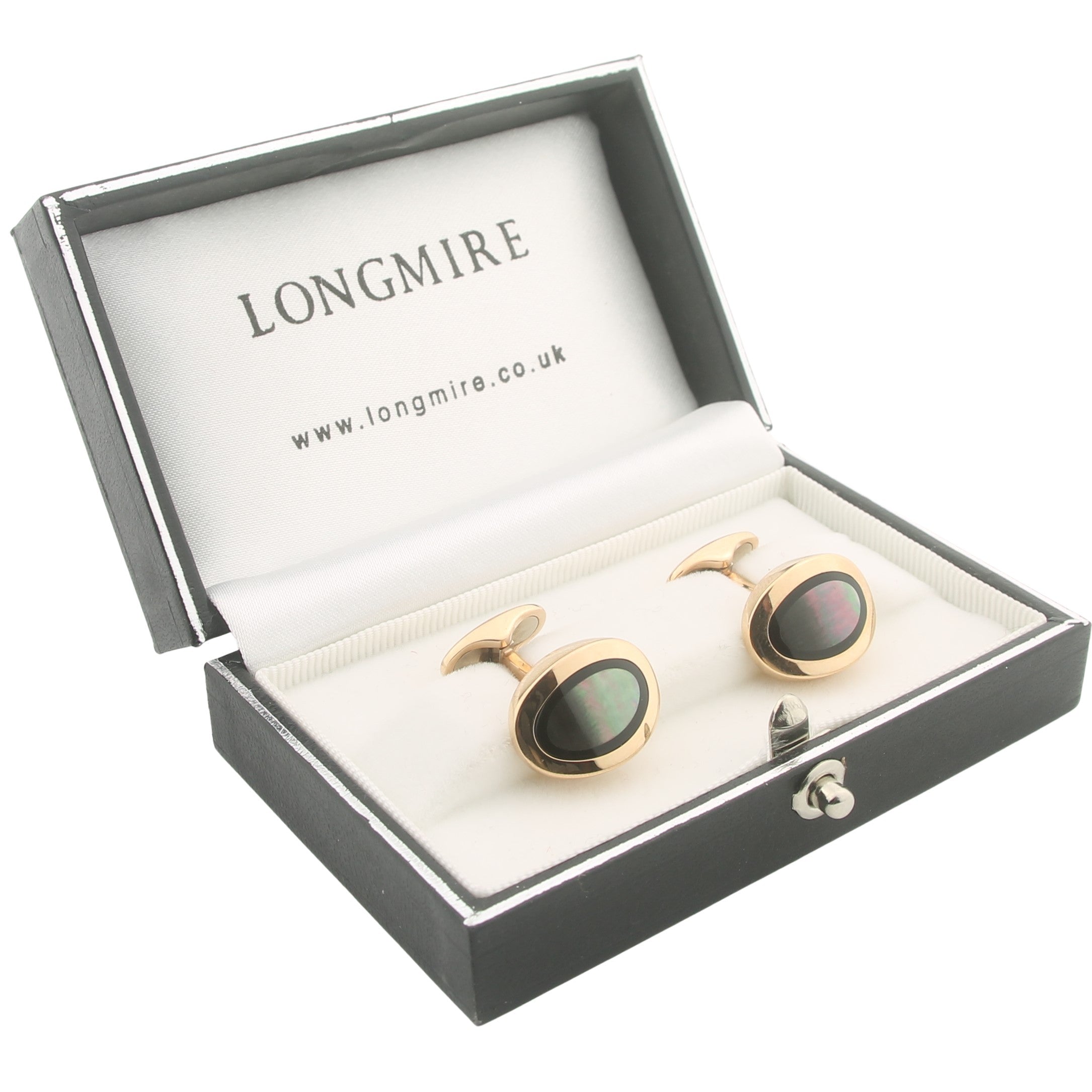 TAHITIAN MOTHER OF PEARL AND ONYX CUFFLINKS 18ct ROSE GOLD CUFFLINKS - boxed