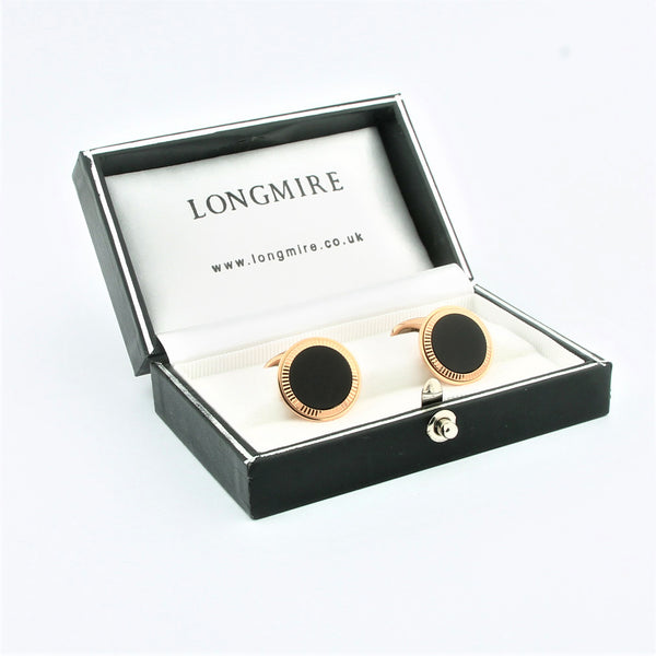 Onyx fluted cufflinks in 18k rose gold - boxed