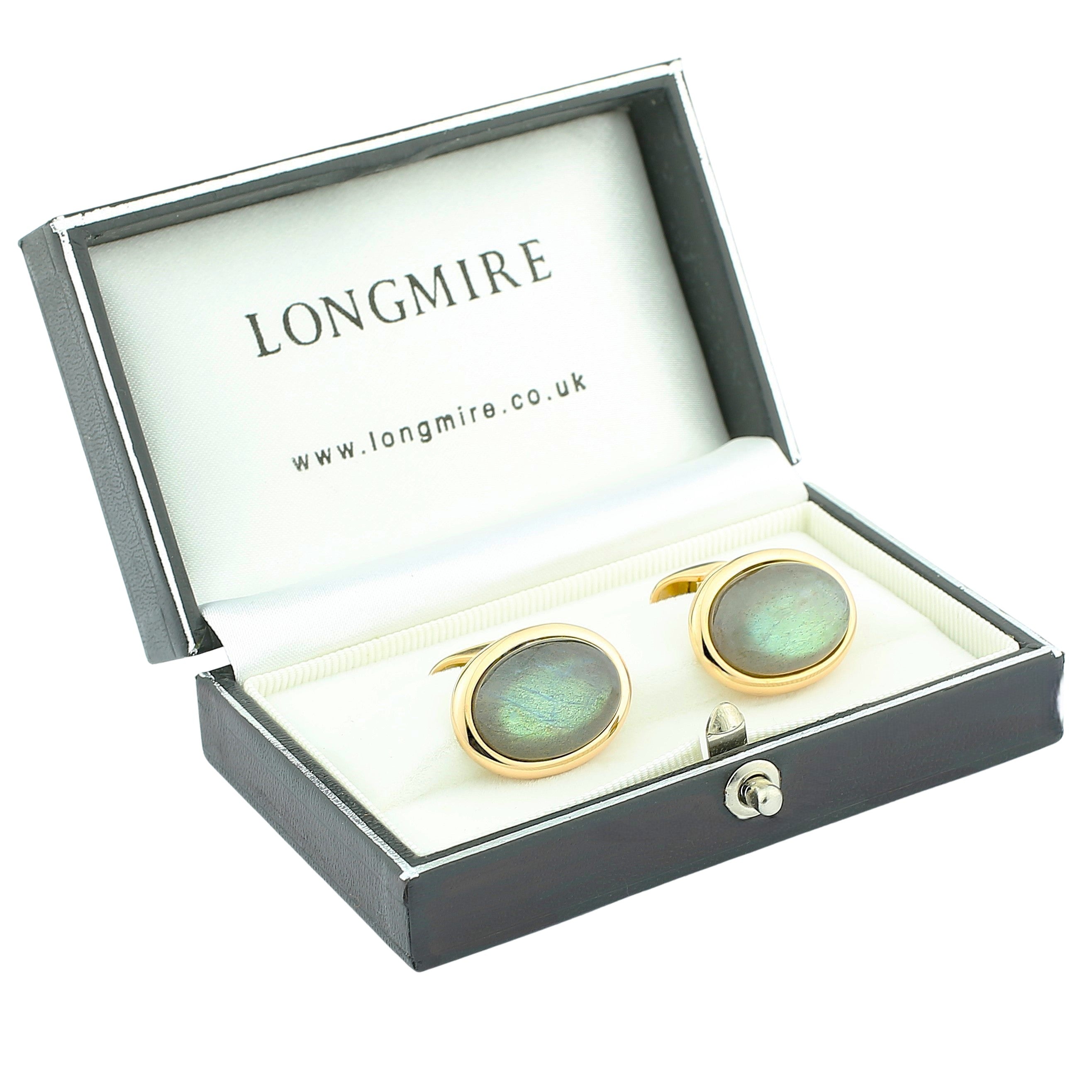 labradorite oval cabochons 18ct rose gold cufflinks - boxed