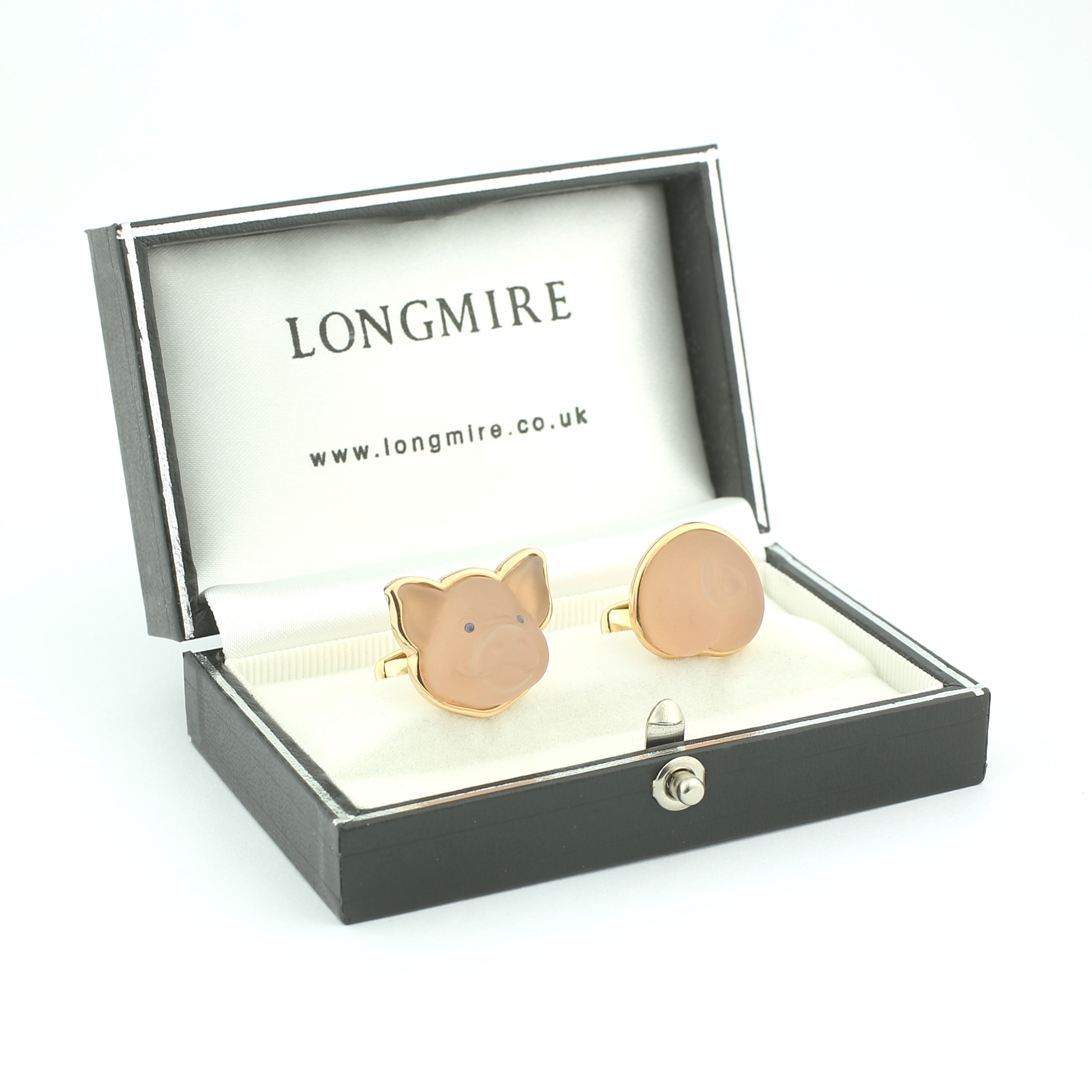 cheeky chubby pig rose quartx with sapphire eyes 18ct rose gold cufflinks - boxed
