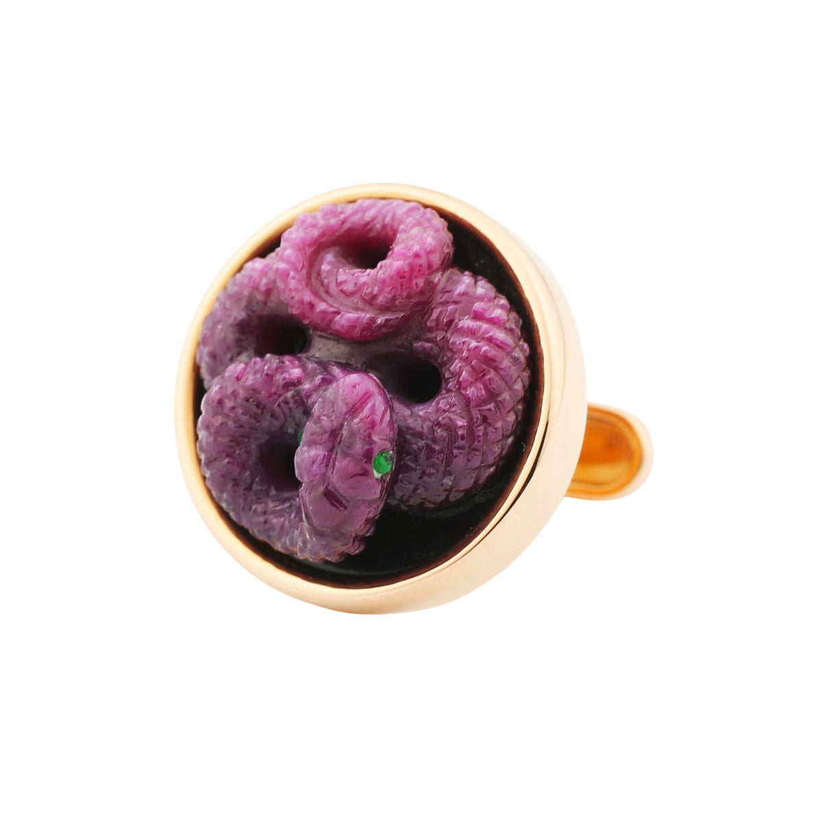 snoozing serpent ruby with emerald eyes onyx disc 18ct rose gold cuffl ...