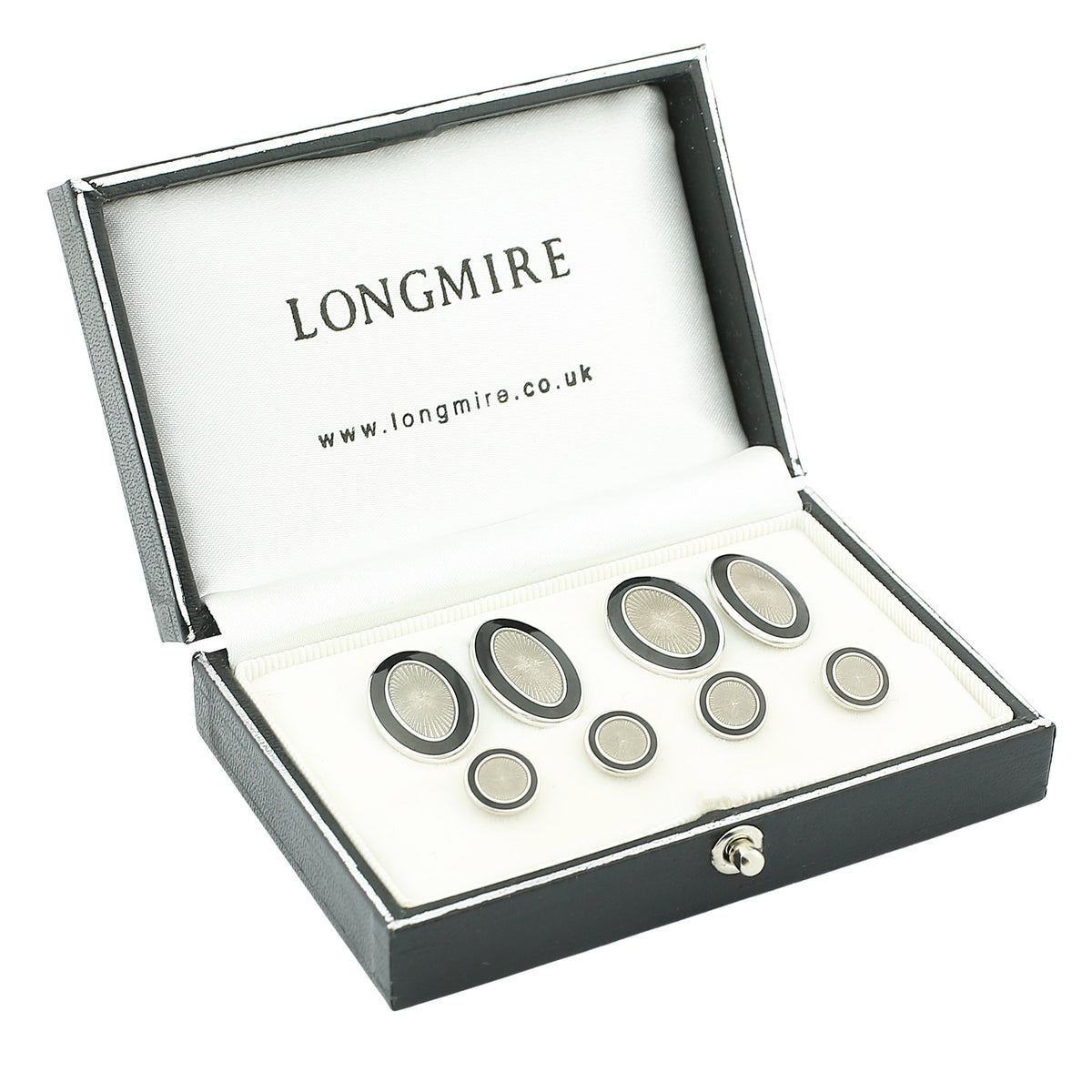 double oval black/transparent enamel dress set 18ct white gold - boxed