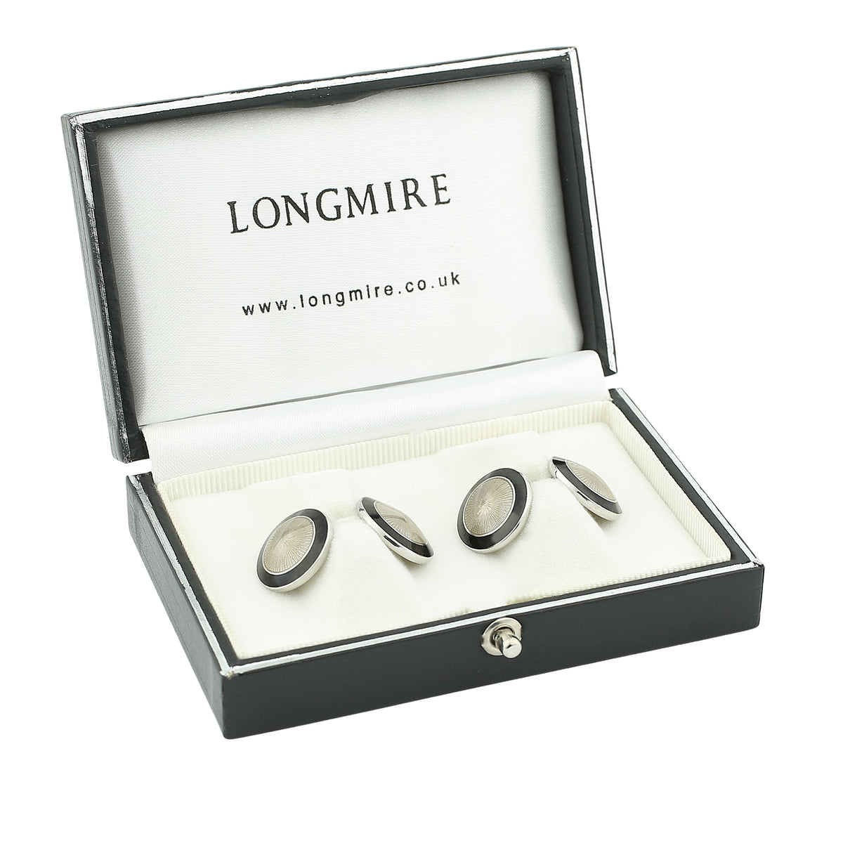 DOUBLE circle BLACK/TRANSPARENT ENAMEL 18ct WHITE GOLD CUFFLINKS  boxed